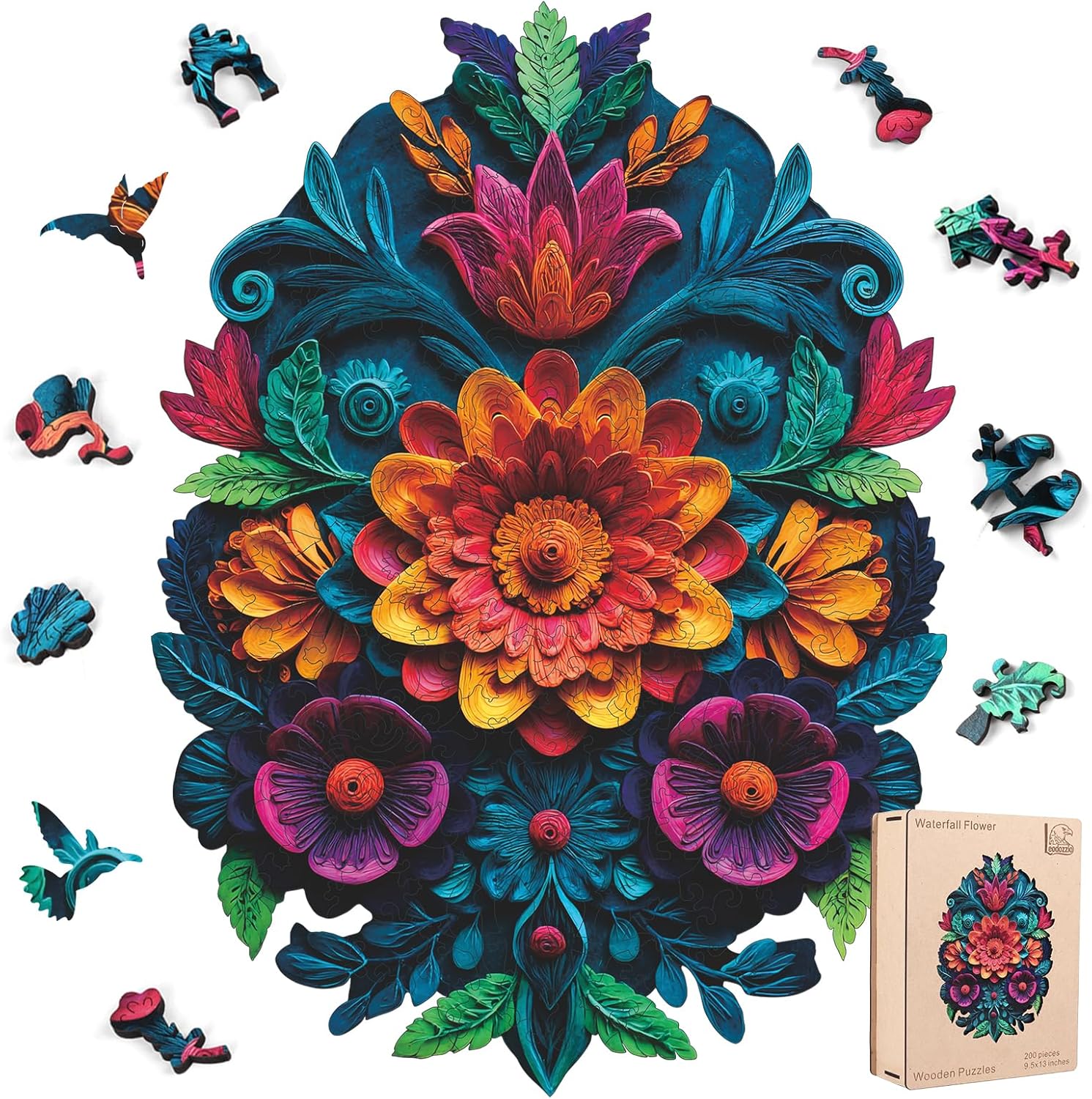 Leodozzio Wooden Puzzles for Adults, Waterfall Flowers Jigsaw Puzzles 500 Pieces-5MM, Unique Shaped Wooden Autumn Puzzle, Birthday Gift Family Game, 13.6x18.5 Inch