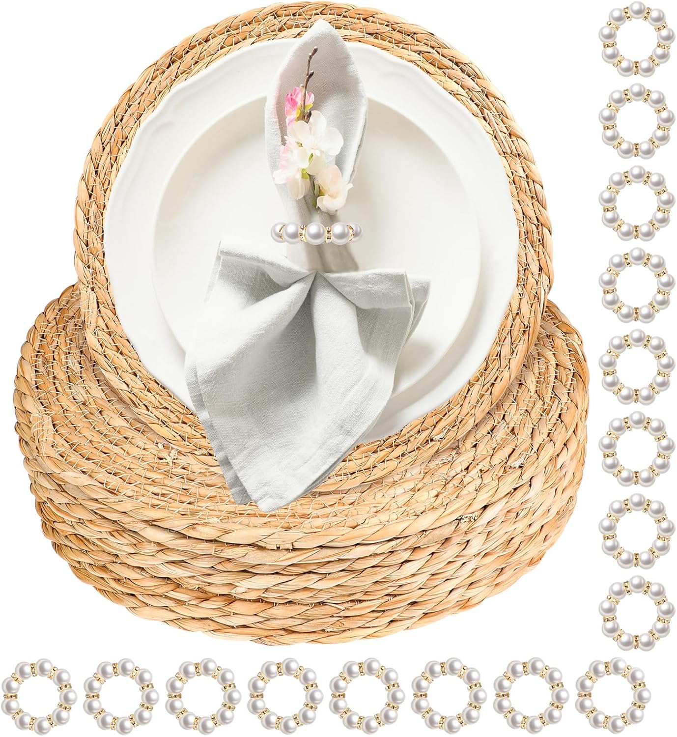 20 Pcs 13 Inch Round Woven Placemats with 20pcs Pearl Napkin Rings?Rattan Placemats Bulk Boho Woven Chargers Natural Water Hyacinth Place Mat for Wedding Party, Dinner Table Brown-20pcs 13inch