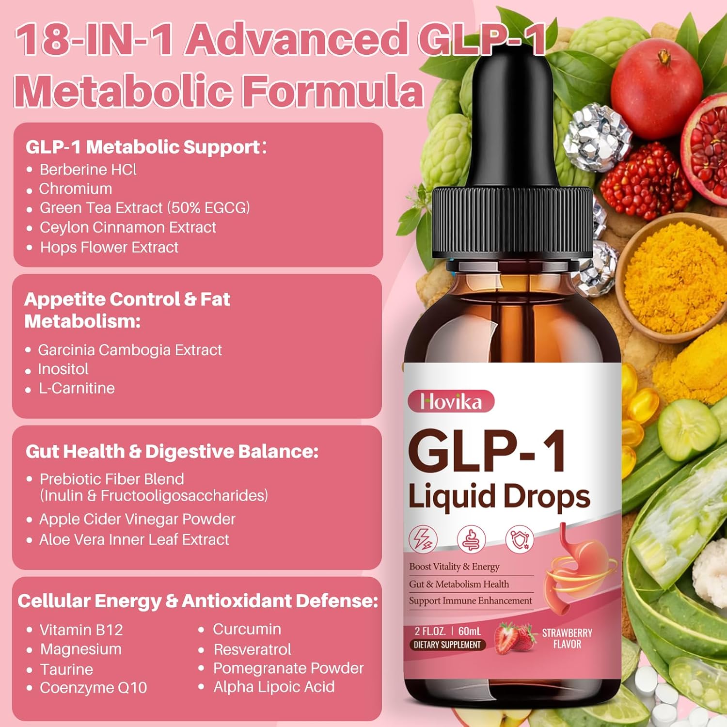 GLP-1 Supplement, GLP-1 Support Liquid Drops with Berberine, Chromium, Ceylon Cinnamon, Green Tea & Hops Flower Extract, GLP-1 Supplement for Gut & Metabolism Health, Vegan, Strawberry Flavor, 4 Fl Oz