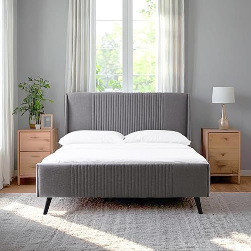 Miniatura 3 de Livinia Sunset - Cama de plataforma con respaldo de alas de tamaño matrimonial, base de cama tapizada de tela con cabecera de canal vertical,