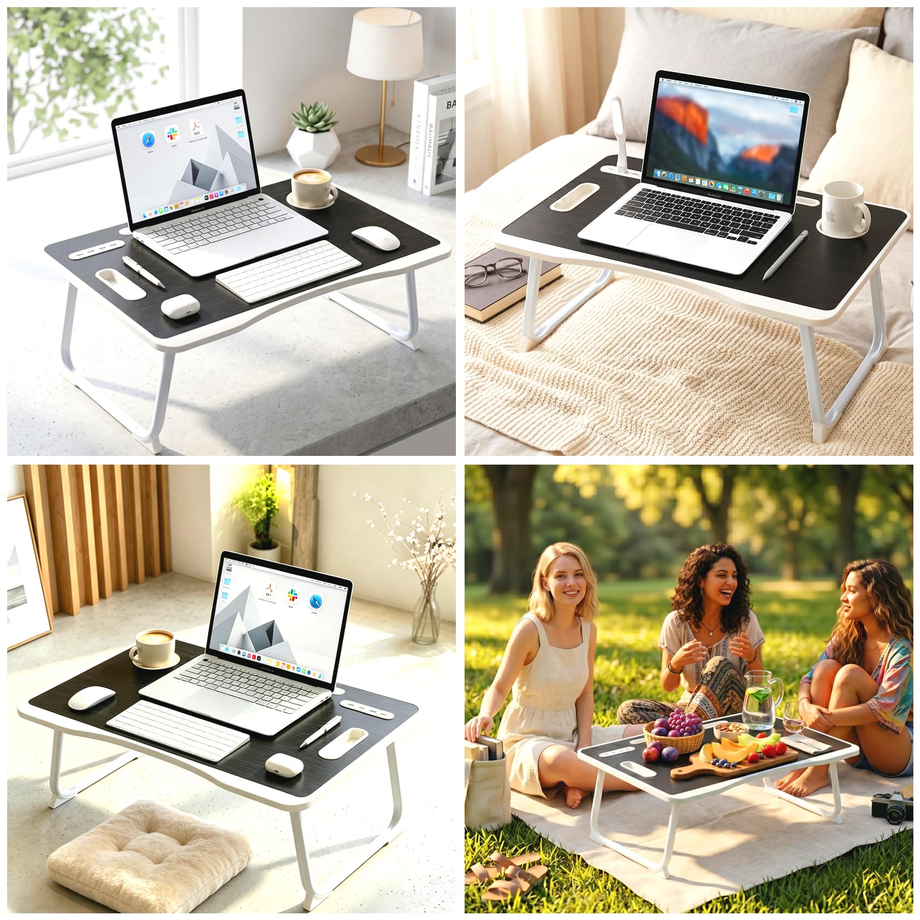 Mesa de cama para laptop, mesa de cama plegable portátil con puertos USB, cajón lateral, tarjeta de escritorio y asa, bandeja portátil para comer, trabajar, estudiar y leer
