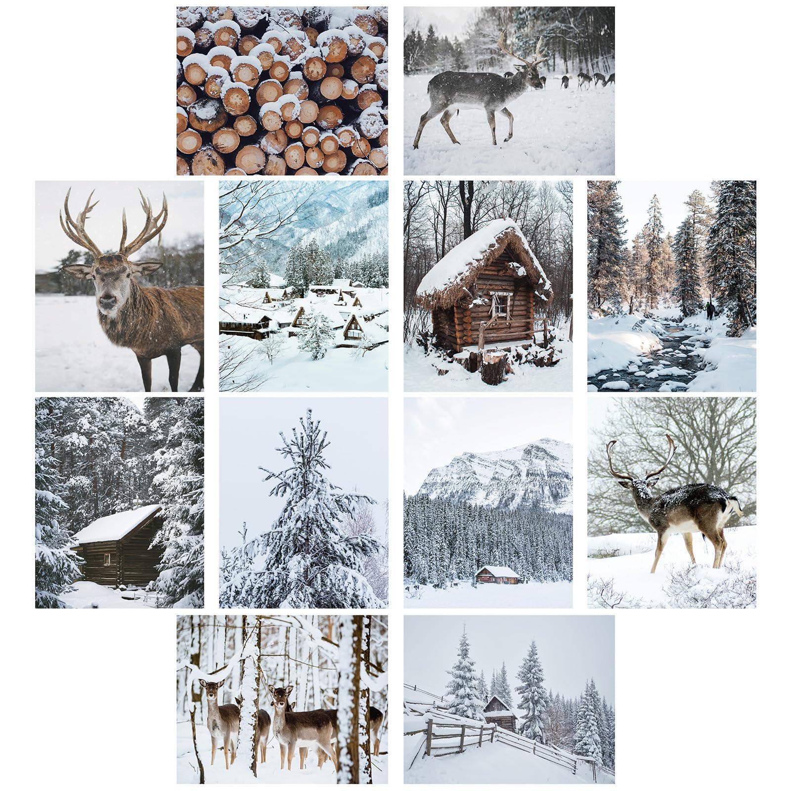 Watersay 8x10in 12pcs Winter Wall Decor Prints Christmas prints unframed Poster Art Cozy Snow Forest Frost Pictures Poster Xmas Tree Deer Mountain