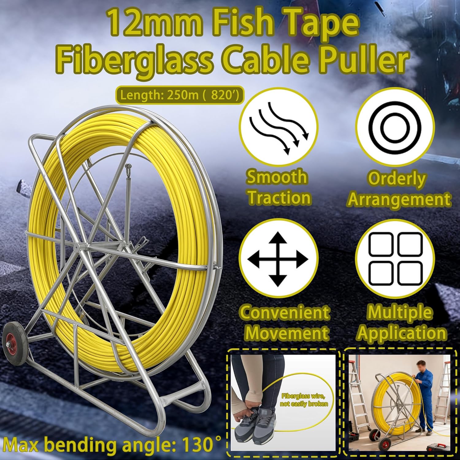 Fiberglass Fish Tape, Duct Rodder Wire Puller with Steel Reel Stand & Brake, High Tensile Strength Cable Running Rod 12mmx250m for Electrical Conduit, Pipeline Cleaning & Telecom Wire Laying
