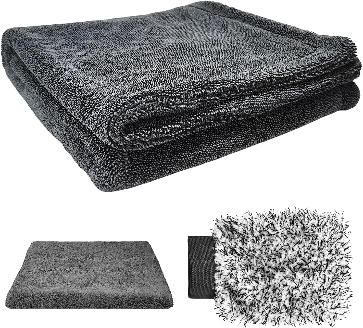 Sun Walker Car Drying Towel Set, 24"×36" Ultra Absorbent 1200 GSM Auto Cleaning Cloth with Wash Mitt & Glass Towel, Scratch-Free Streak-Free Microfiber Drying Towels for Car Truck SUV