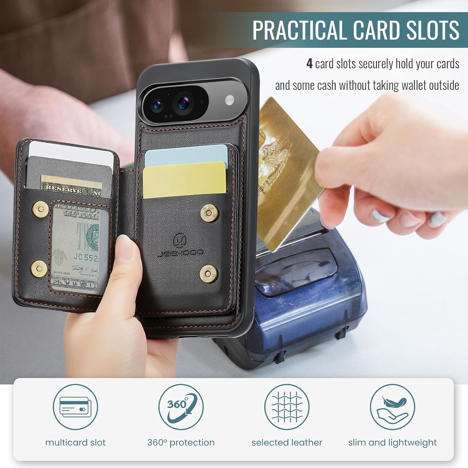 Case for Google Pixel 9/9 Pro 2024,[Compatible with MagSafe] Detachable Magnetic Wallet Case with RFID Blocking Card Cash Slot Cover Functional Kickstand for Google 9/9 Pro (Black) image 5