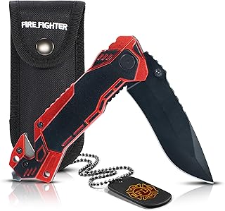 KOSxBO Firefighter Rescue Knife EMS Rettungsmesser mit Glasbrecher und Gurtschneider inkl. Messertasche und Dog Tag, Feuerwehr Messer Outdoor Taschenmesser Klappmesser