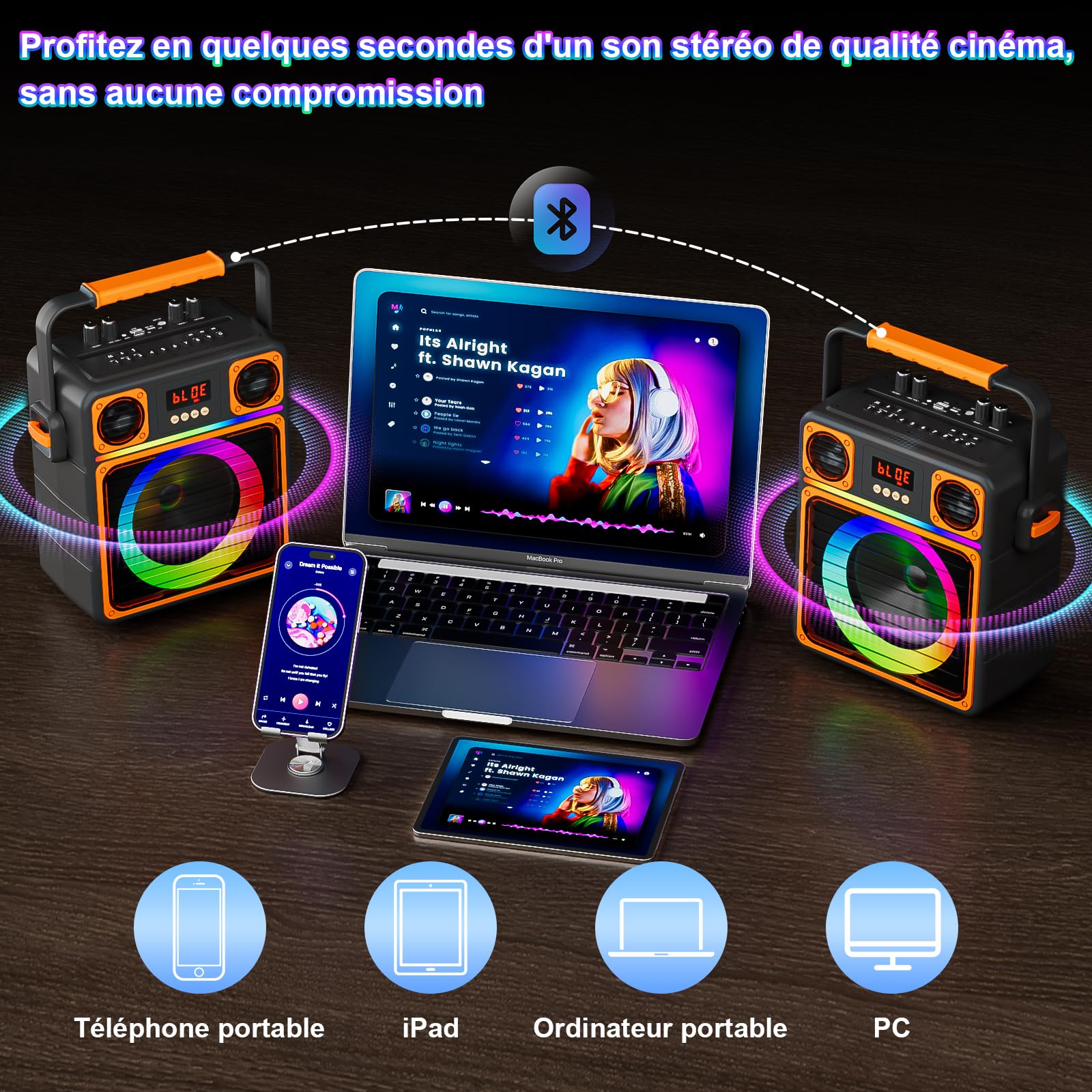 Machine de Karaoké avec 2 Microphones Sans Fil, GuKKK Haut-Parleur de karaoké Bluetooth Portable pour Adultes et Enfants, Système de Sonorisation de Fête avec Lumières Disco,Supporte TWS/FM/AUX/USB/TF