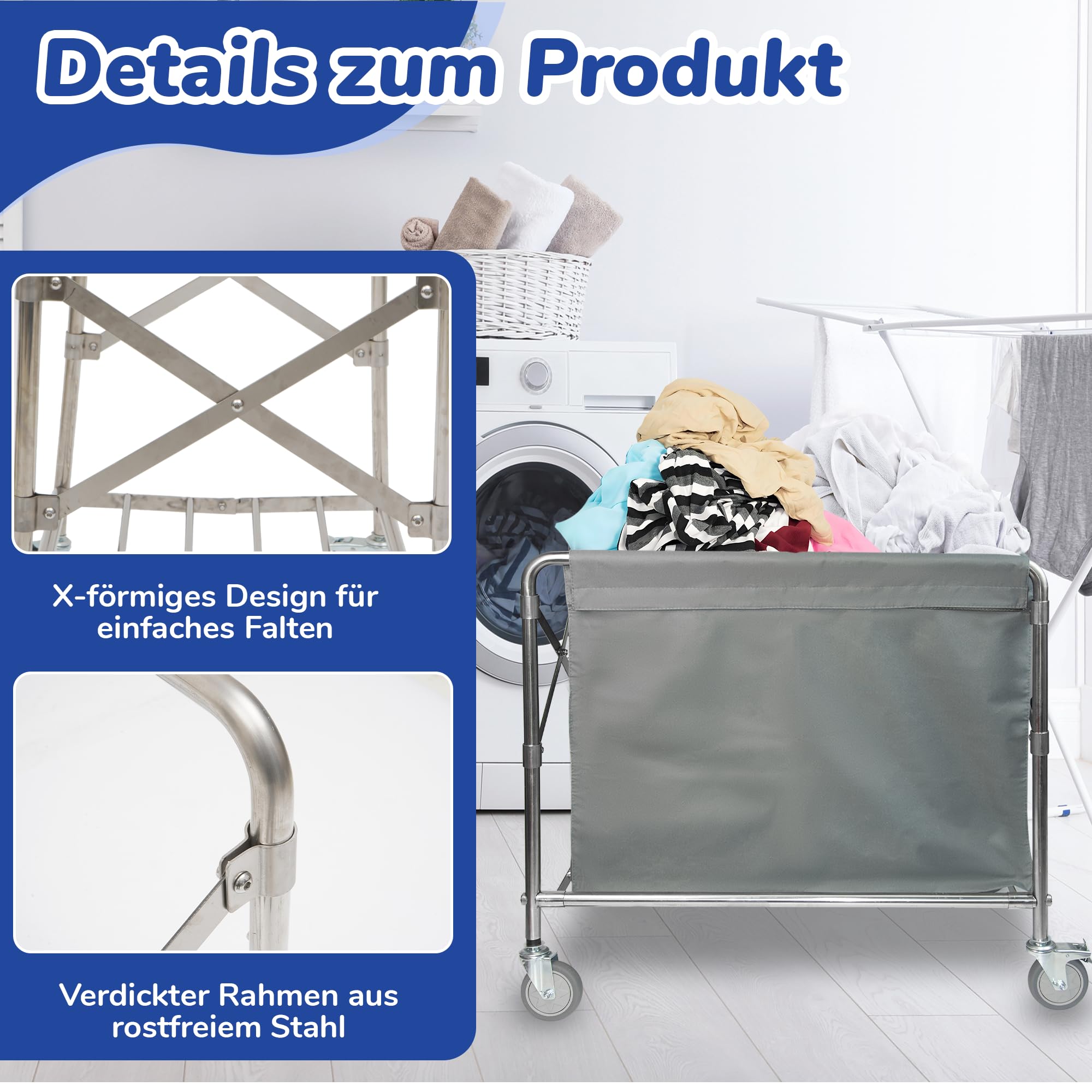 bimiti Carrello per la biancheria, in acciaio inox, con ruote, pieghevole, con portata di 100 kg, per la casa, hotel, 87 x 52 x 78 cm