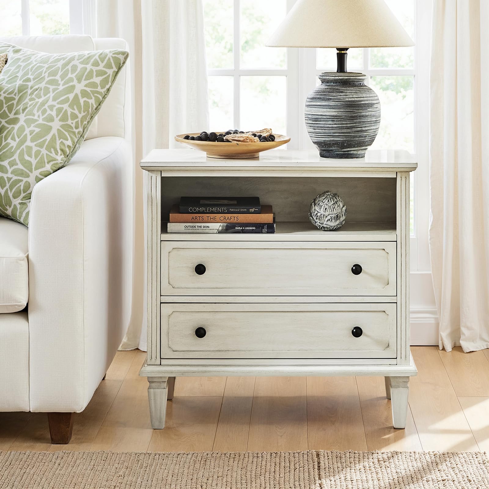 Farmhouse End Table with Charging Station, End Table with USB Ports & Outlets, Fluted Pilasters Design Side Table with Open Space and 2 Drawers Dresser for Living Room, White