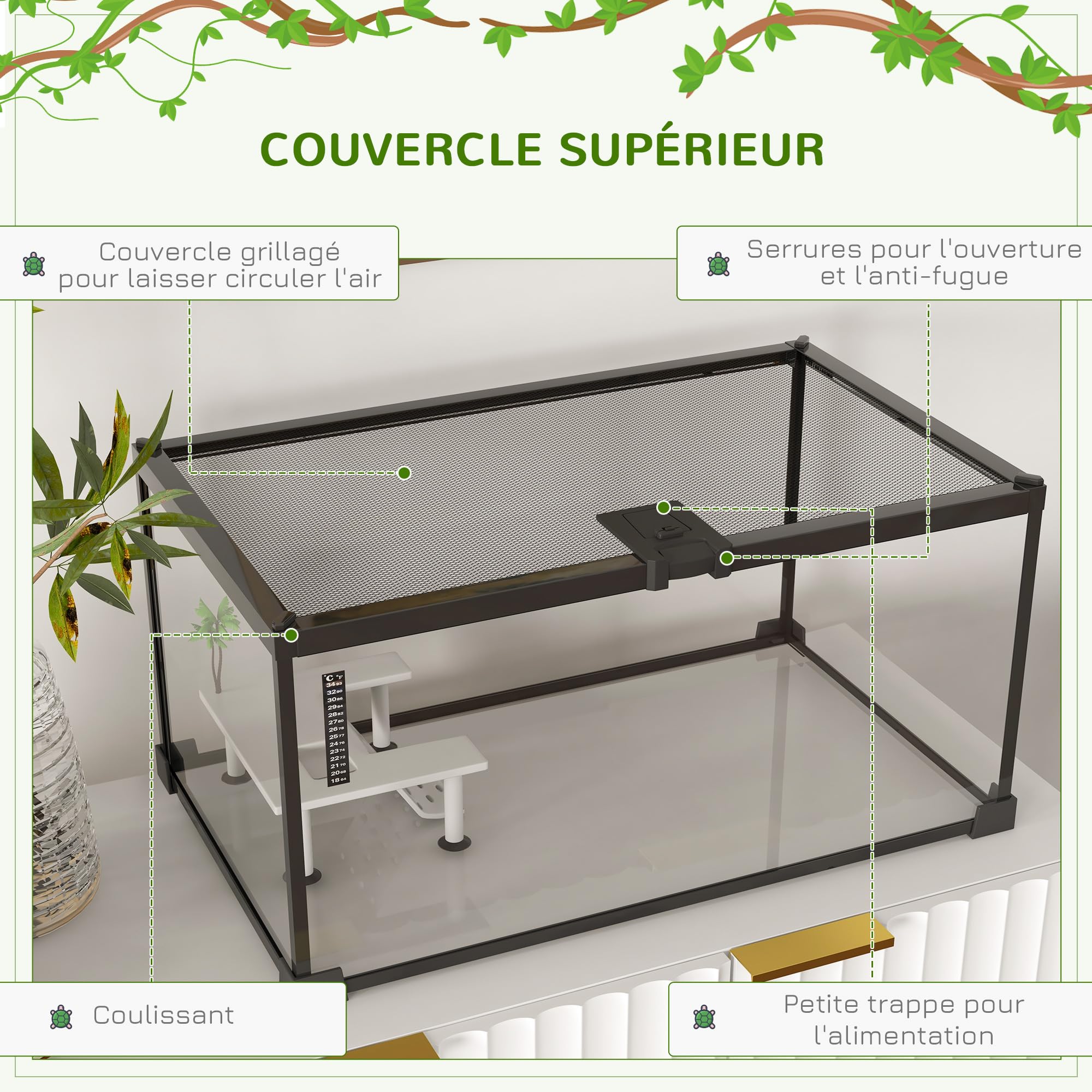 PawHut Boîte à Reptiles Terrarium Habitat Transparent 50x30x25 cm Blanc avec Couvercle Coulissant Treillis métallique