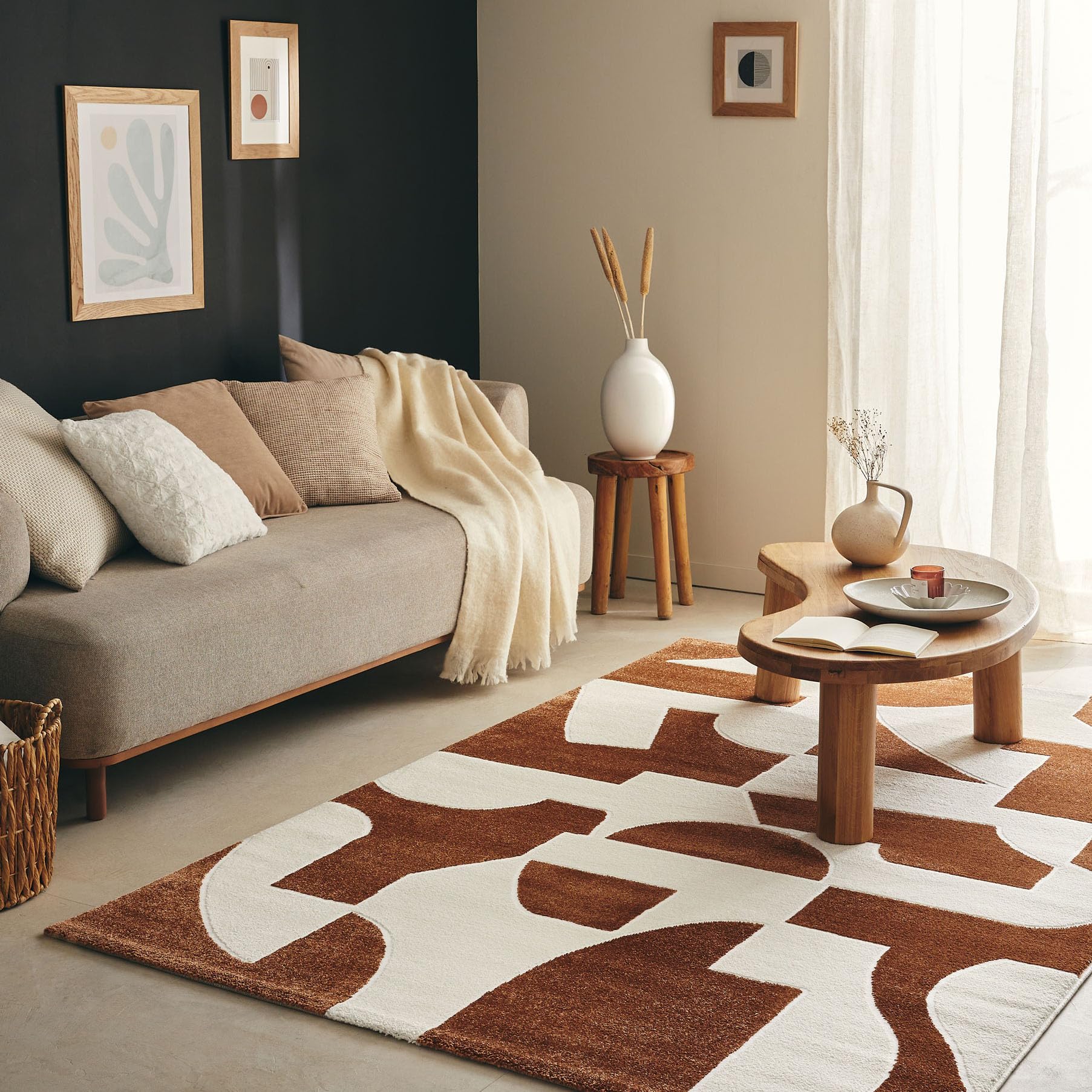 Tapis de chambre doux Nazar motif géométrique marron et crème