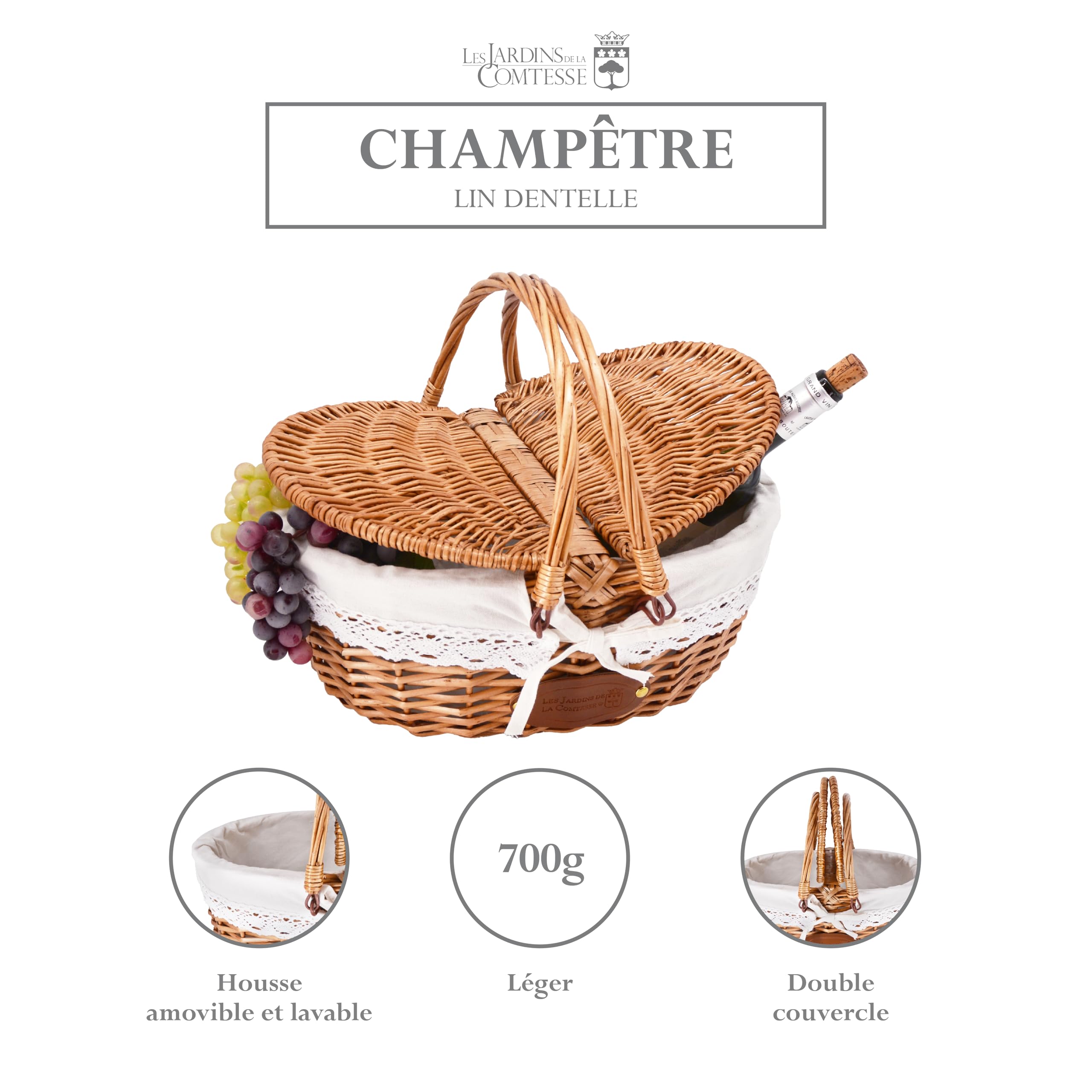 Les Jardins de la Comtesse Panier en Osier Tressé, Osier/Lin/Dentelle, Forme Arrondie, Naturel, 40x31x20/40 cm, Style Champêtre, Pour Pique-nique et Marché