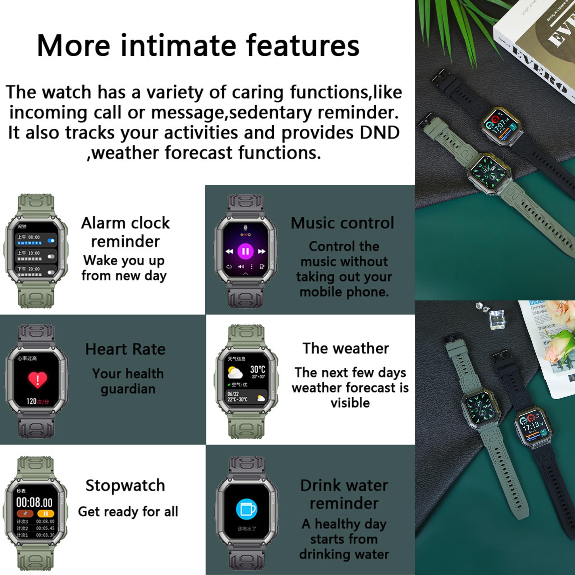 Smart Watch męski z funkcją telefonu, 1,8" HD, zegarek sportowy z Bluetooth, do monitorowania tętna i krokomierza, dla systemów iOS i Android, z 3 paskami (czarny)