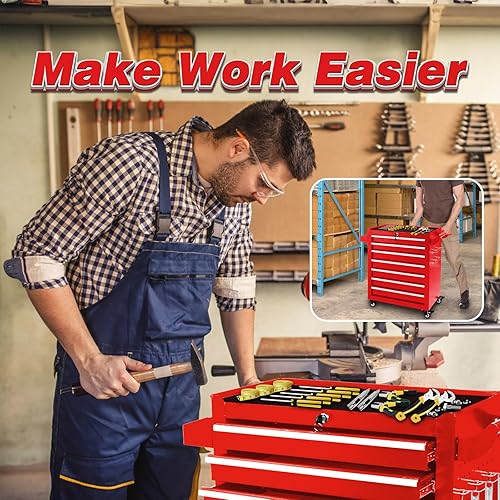 Miniatura 7 de Caja de herramientas rodante de 7 cajones, caja de herramientas rodante, organizador de armario para garaje con ruedas, cajones y cerradura,