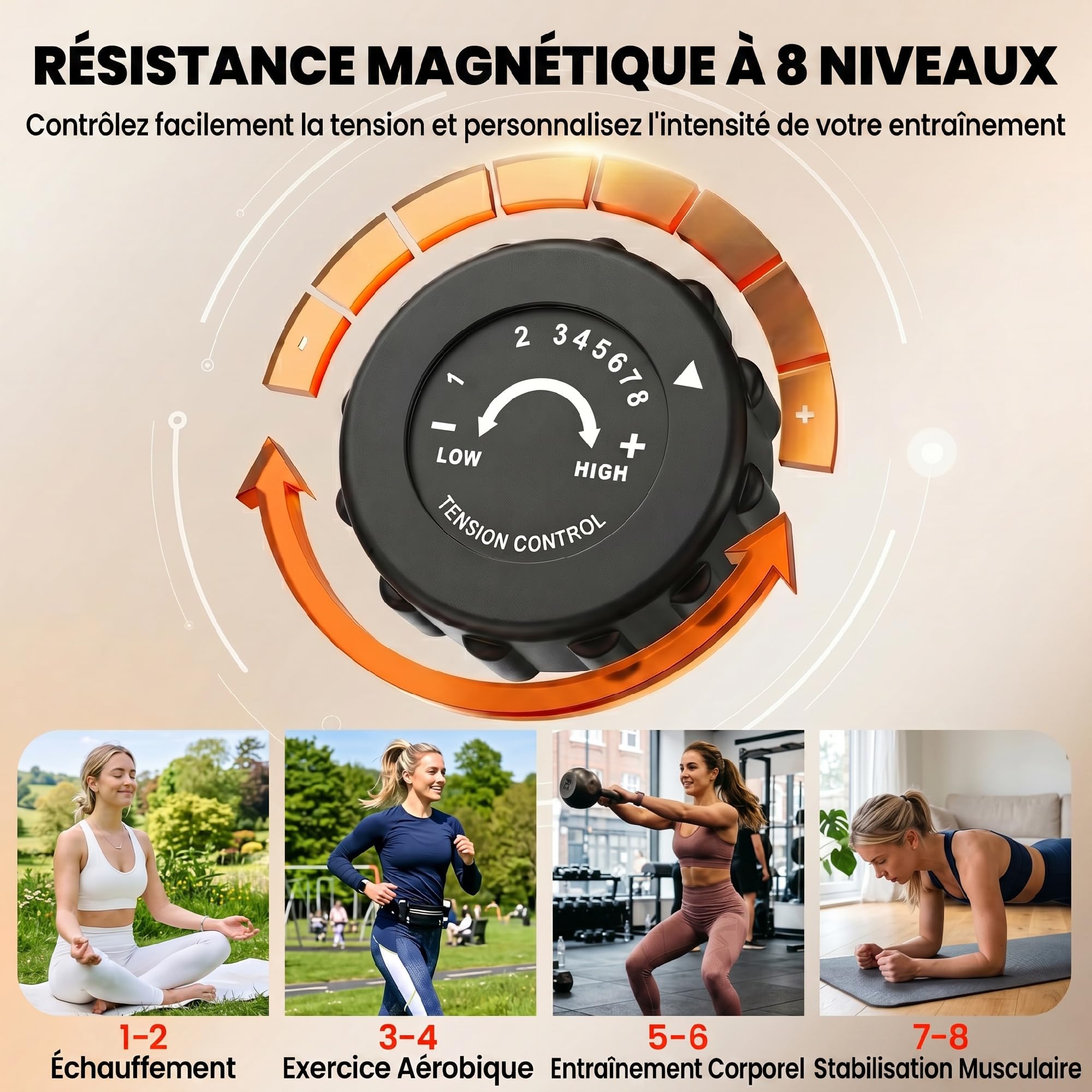 HOMCOM Vélo d'Appartement Pliable 4-en-1 - Ergomètre Magnétique Silencieux avec Cordes de Résistance - Sport Maison et Cardio-training avec Roulettes, Selle Confort et LCD (Max 120kg)