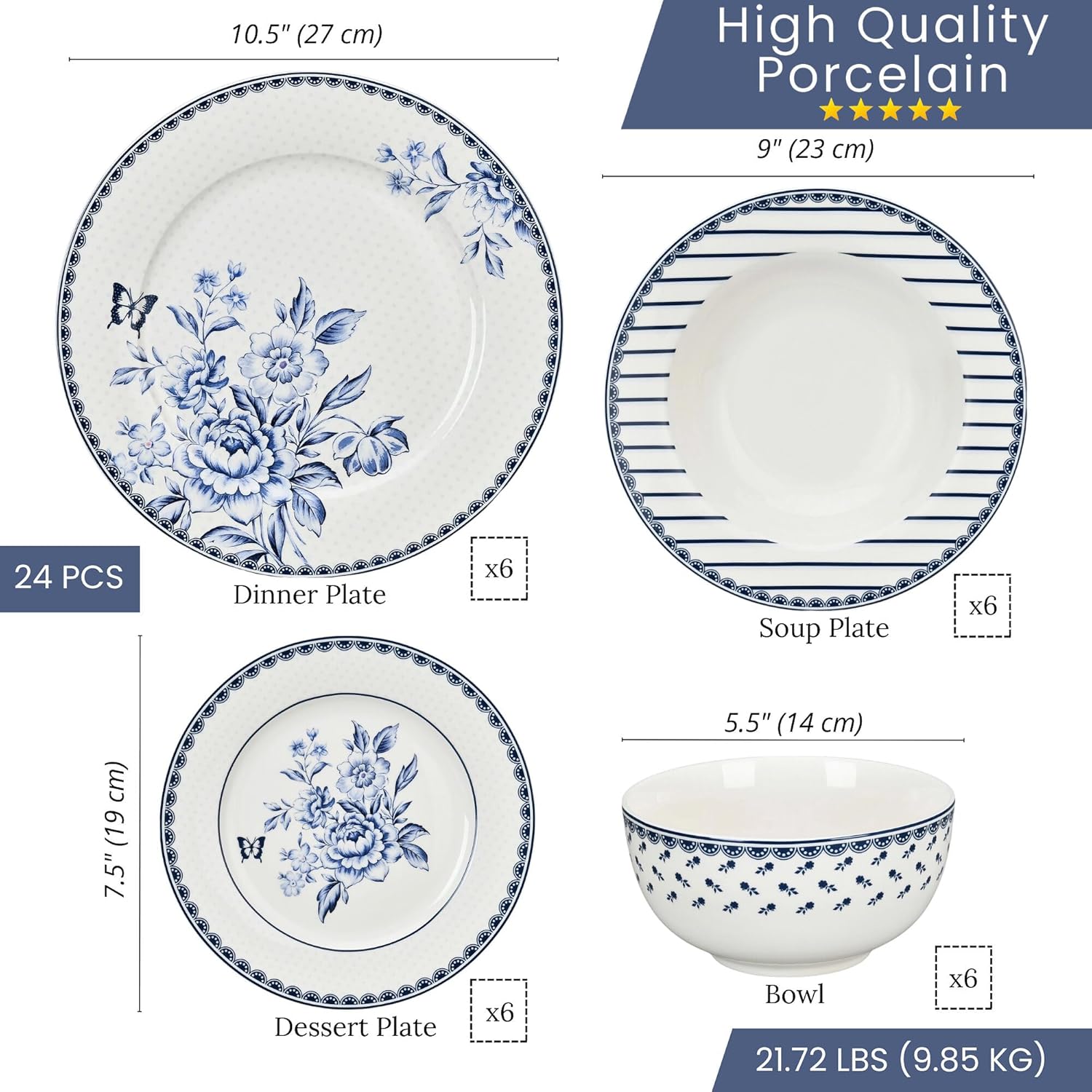 24-Piece Bone China Dinnerware Set in Gift Box, Service for 6, Porcelain Dinnerware, Tropical Dishes Set - Dinner Plates Dessert Plates Cereal Bowls Mugs (Vintage Indigo)