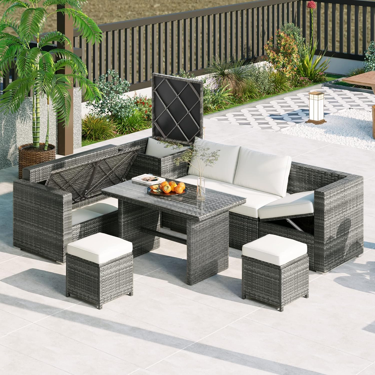 4 Piece UV-Proof Resin Wicker Patio Sofa Set with Retractable Canopy, Cushions and Lifting Table (Natural, 6-Piece)