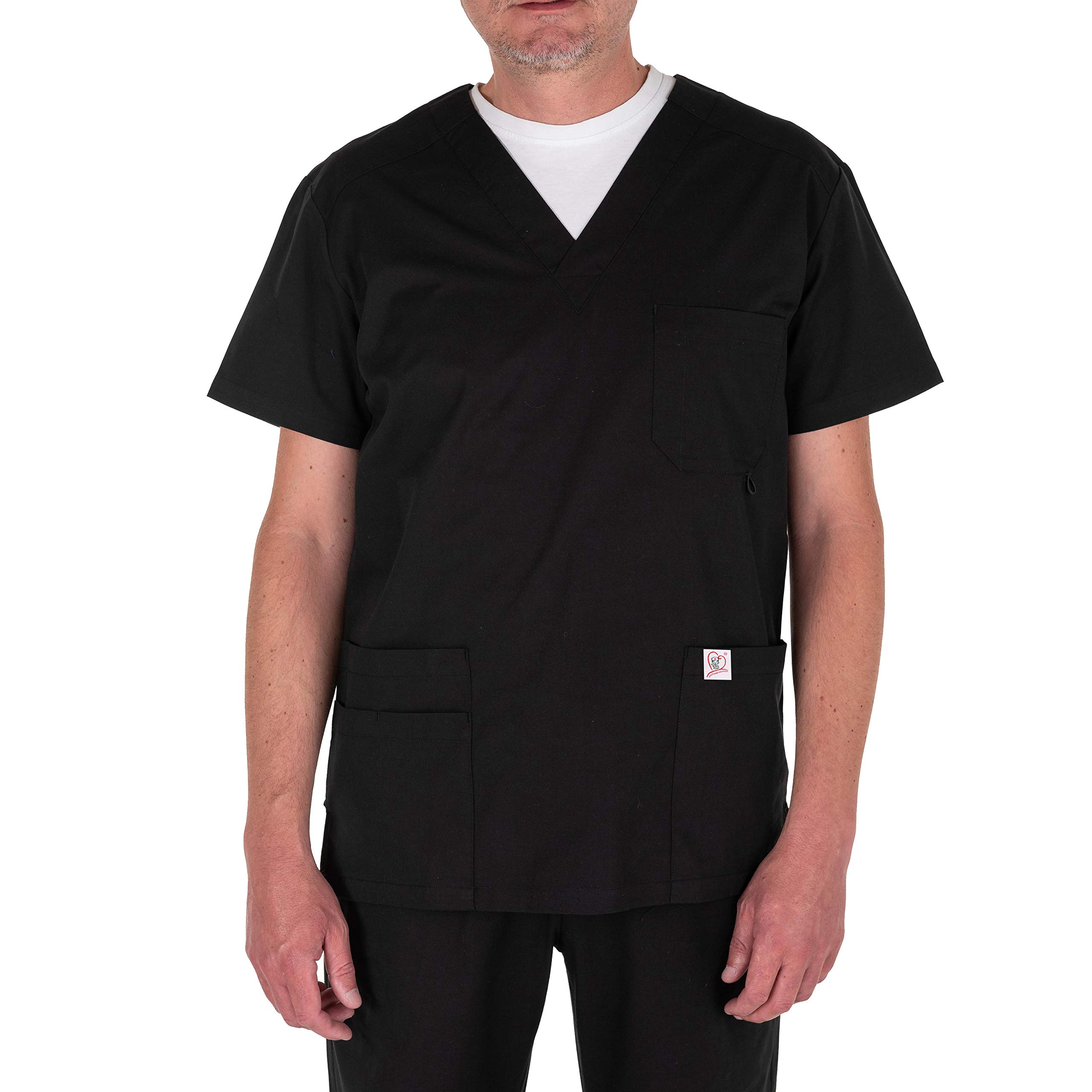 JONATHAN UNIFORM Mens Functional Tunic Scrub Tops with 4 Pockets for Doctor, Nurse, Elderly Carer, Dental, Nurseryman, Anesthesia (Black, S)