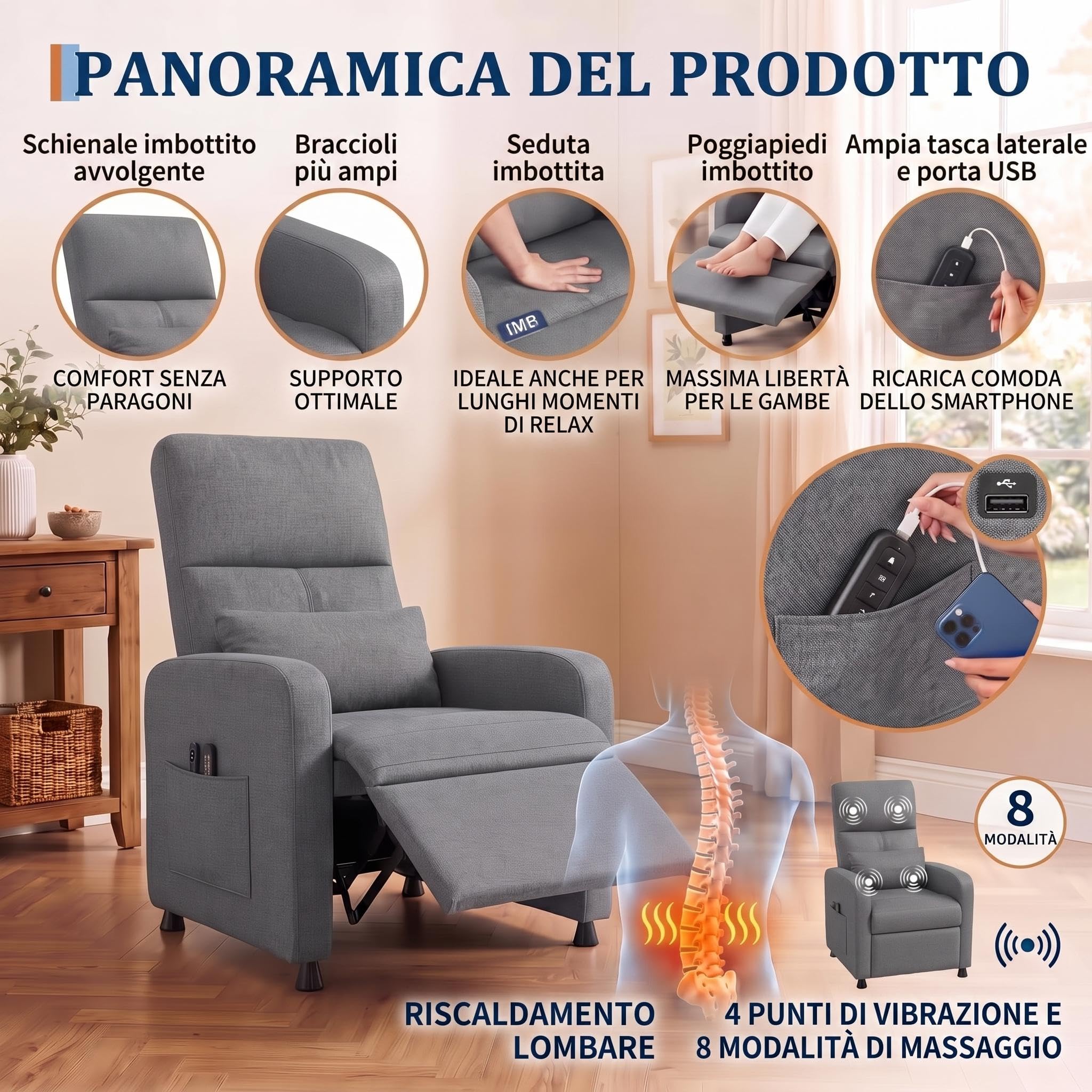 Litake Poltrona Relax Elettrica Reclinabile con Massaggio e Riscaldamento - Schienale e Poggiapiedi Regolabili - Imbottitura Spessa in Tessuto - Ideale per Soggiorno, Camera da Letto o Ufficio -