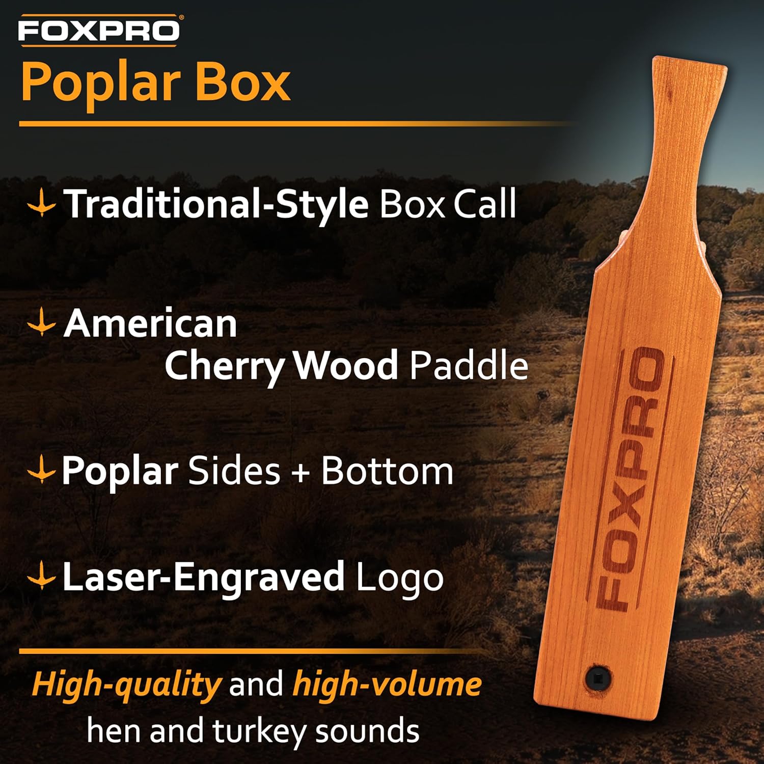 FOXPRO Poplar Turkey Box Call - Traditional Style - American Cherry Paddle - Great Volume, Sound - Realistic Turkey Calling - Clucks, Purrs, Cuts - Durable, Hand-Built - Made in USA