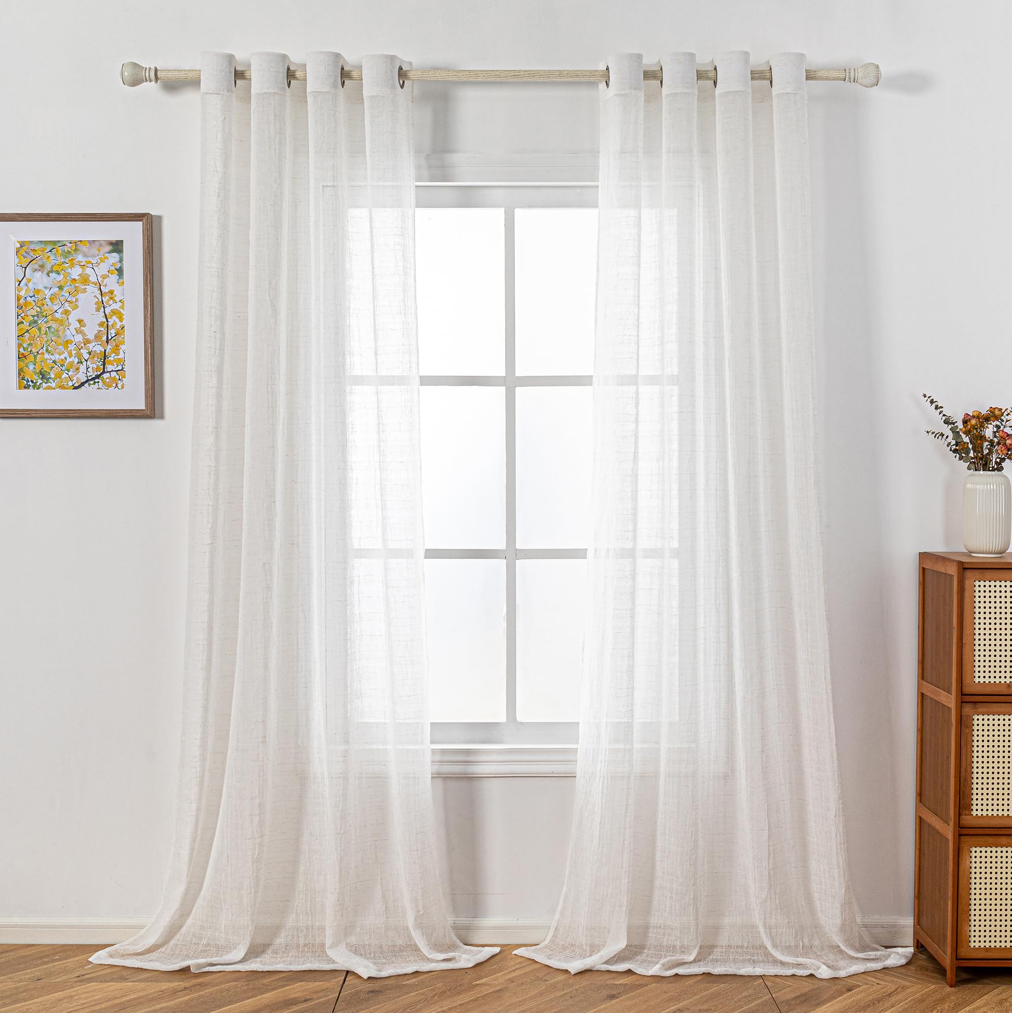 MYSKY HOME Boho Curtains, Semi-Transparent, Linen Look, Pleat, Voile, 2 Pieces, H 160 x W 140 cm, Beige, Boho Beige - Image 2