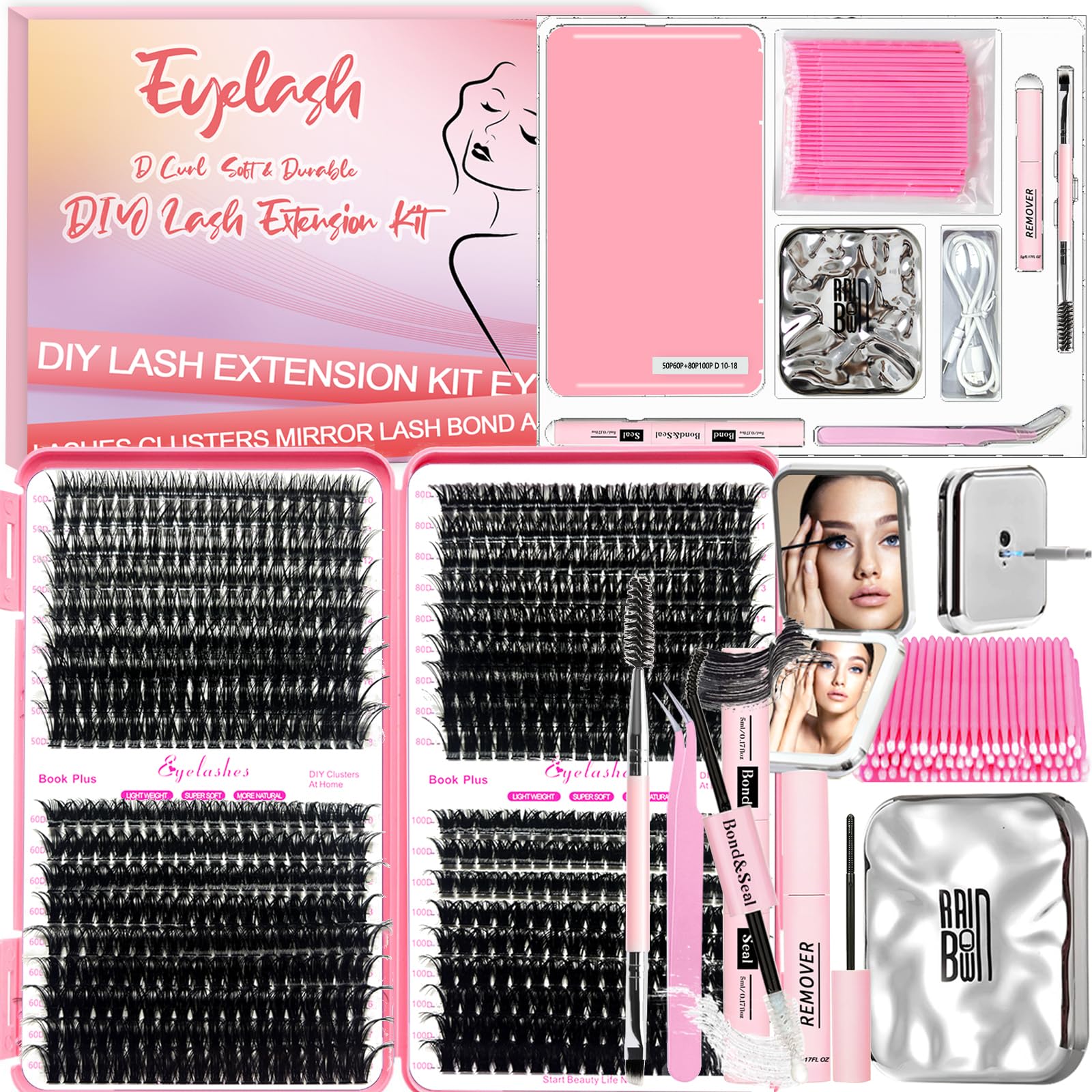 Qiveaory DIY Lash Extension Kit with 684pcs Lashes Clusters,1X/2X Magnification Compact Mirror with Light,Lash Bond and Seal,Eyelash Remover Tweezers