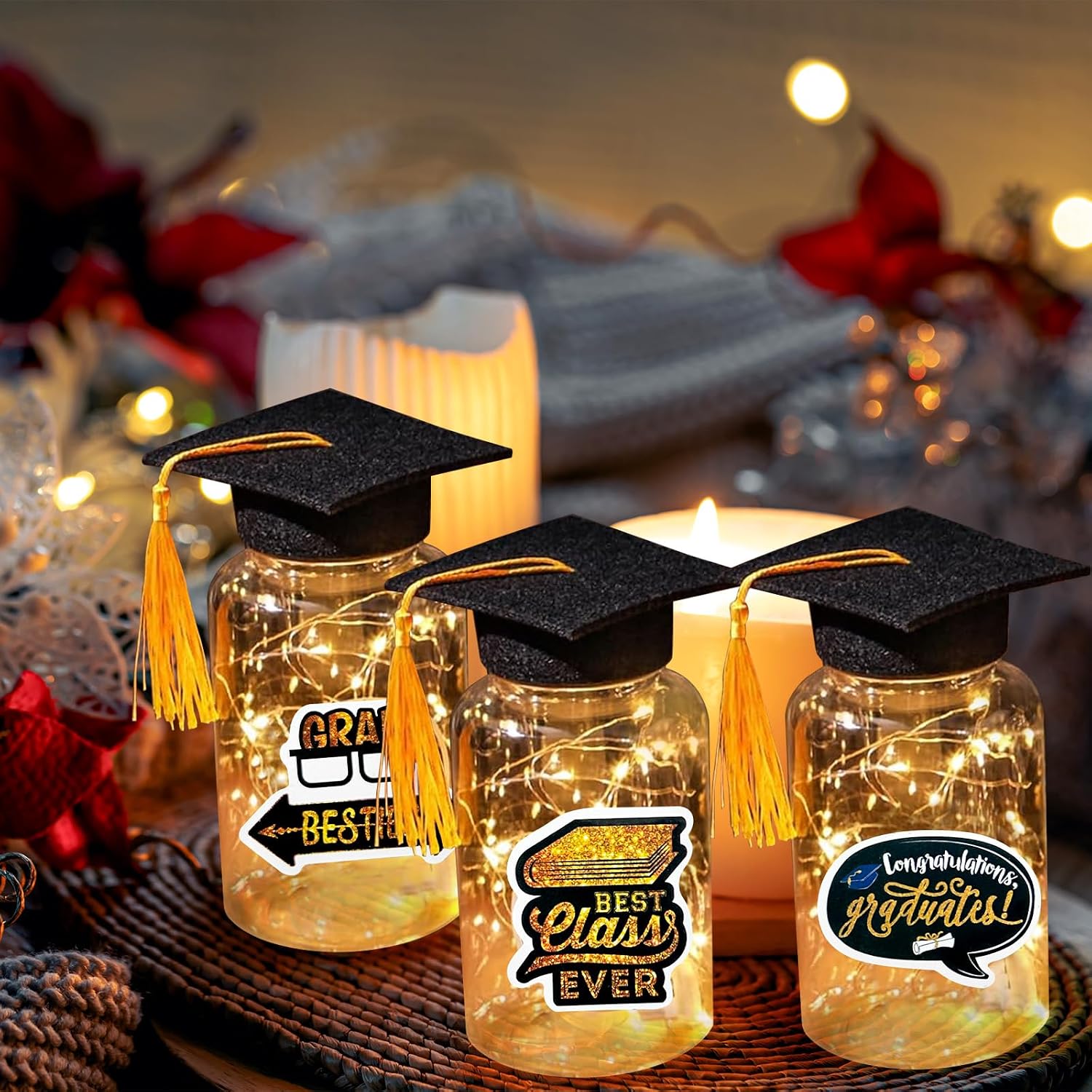 10Sets Graduation Mason Jar, 2026Graduation Centerpieces with Felt Hat&Fairy String Lights & Stickers, Graduations Table Decorations Graduations Party Supplies Favors for College School(Black)