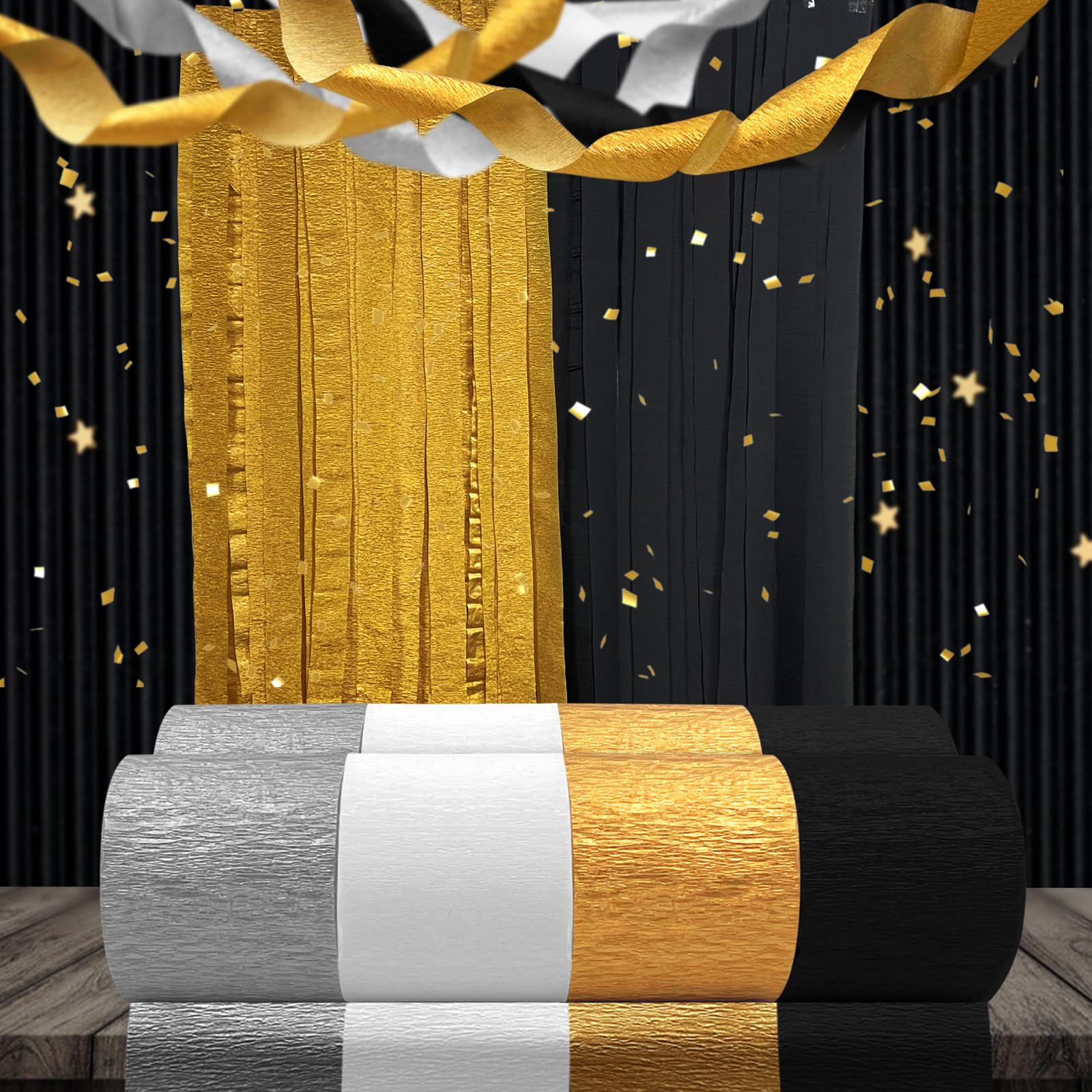 New Years Eve Party Supplies 2025 Happy New Year Crepe Paper Streamers (1.8 Inch x 82 Ft/Roll) Gold Black Party Streamers for New Years Decorations NYE Decor?8 Roll?