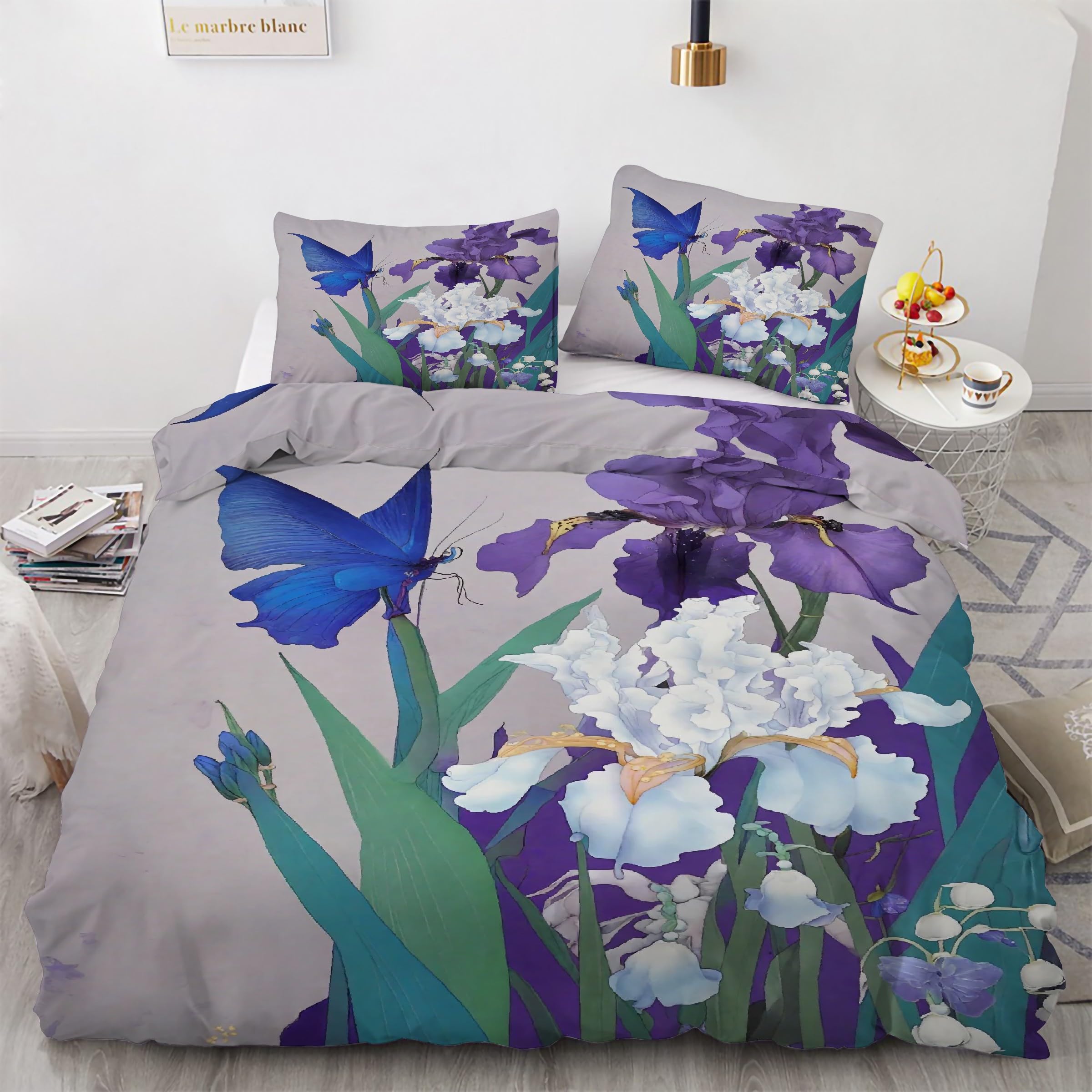 Housse de couette 160x200 papillon orchidée parure de lit 3 pièces microfibre