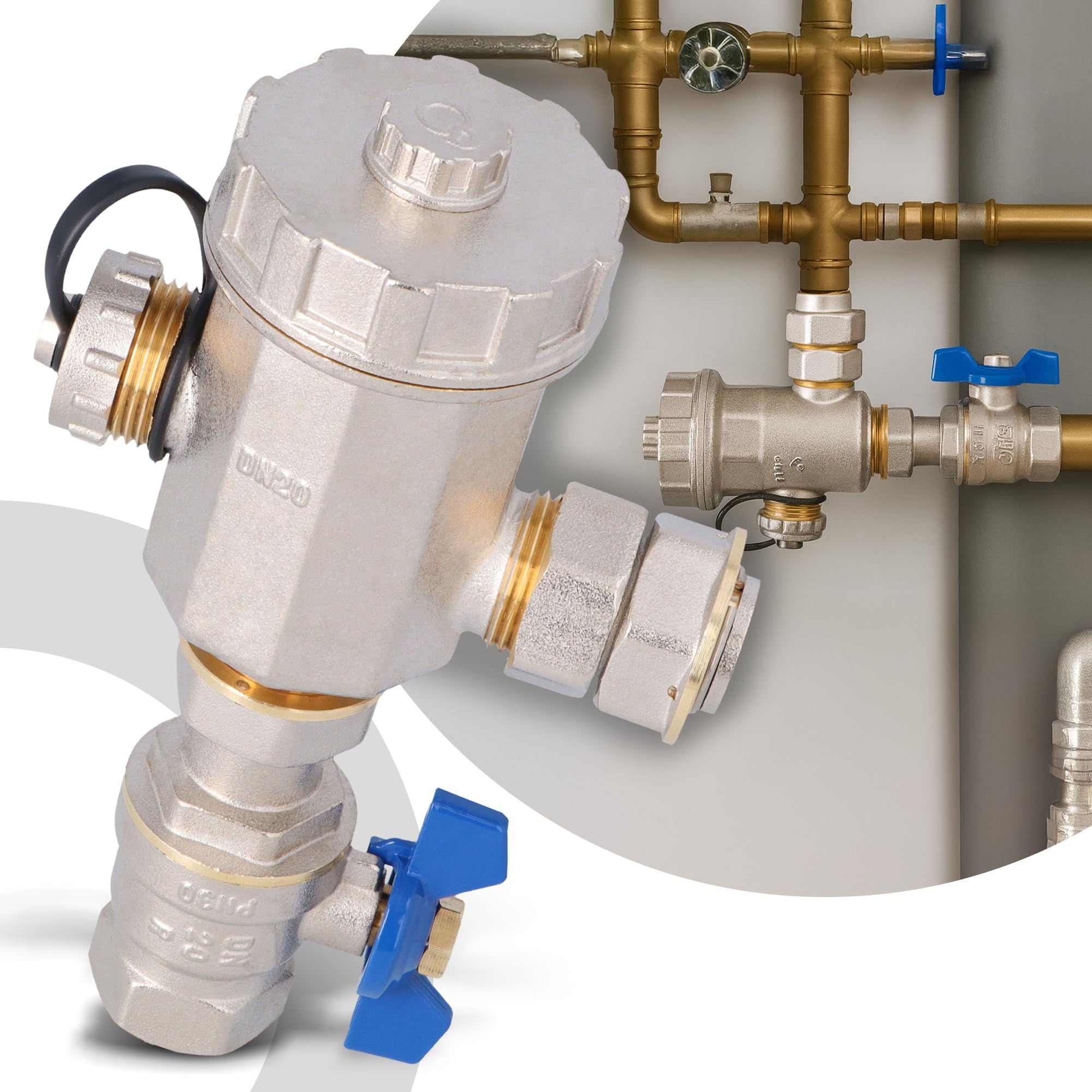 Instalguru Separatore Magnetico 3/4'' Pollice Filtro Fanghi Impianti Riscaldamento Pulizia Acqua Calda Corpo Ottone Rete Inox Ambienti Residenziali Efficienza Prolungata
