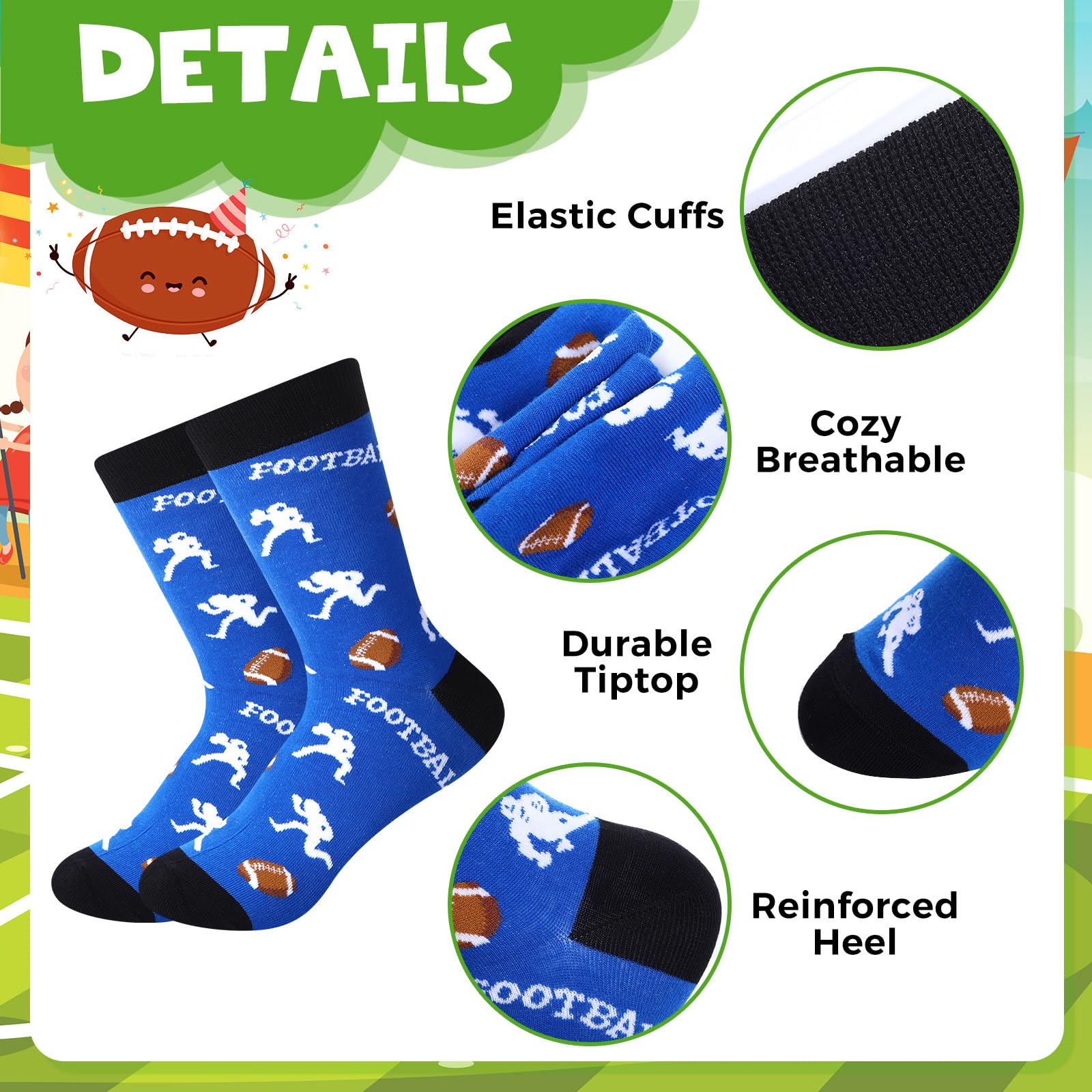 HooLing 6 pares de calcetines de fútbol para niños, calcetines deportivos novedosos, informales, regalos divertidos para niñas y niños