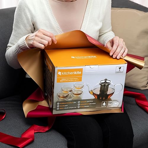 Miniatura 2 de Tetera para estufa, segura. Capacidad para 4 a 6 tazas. Tetera de vidrio con infusor y filtro extraíble de acero inoxidable. Incluye 4 tazas de