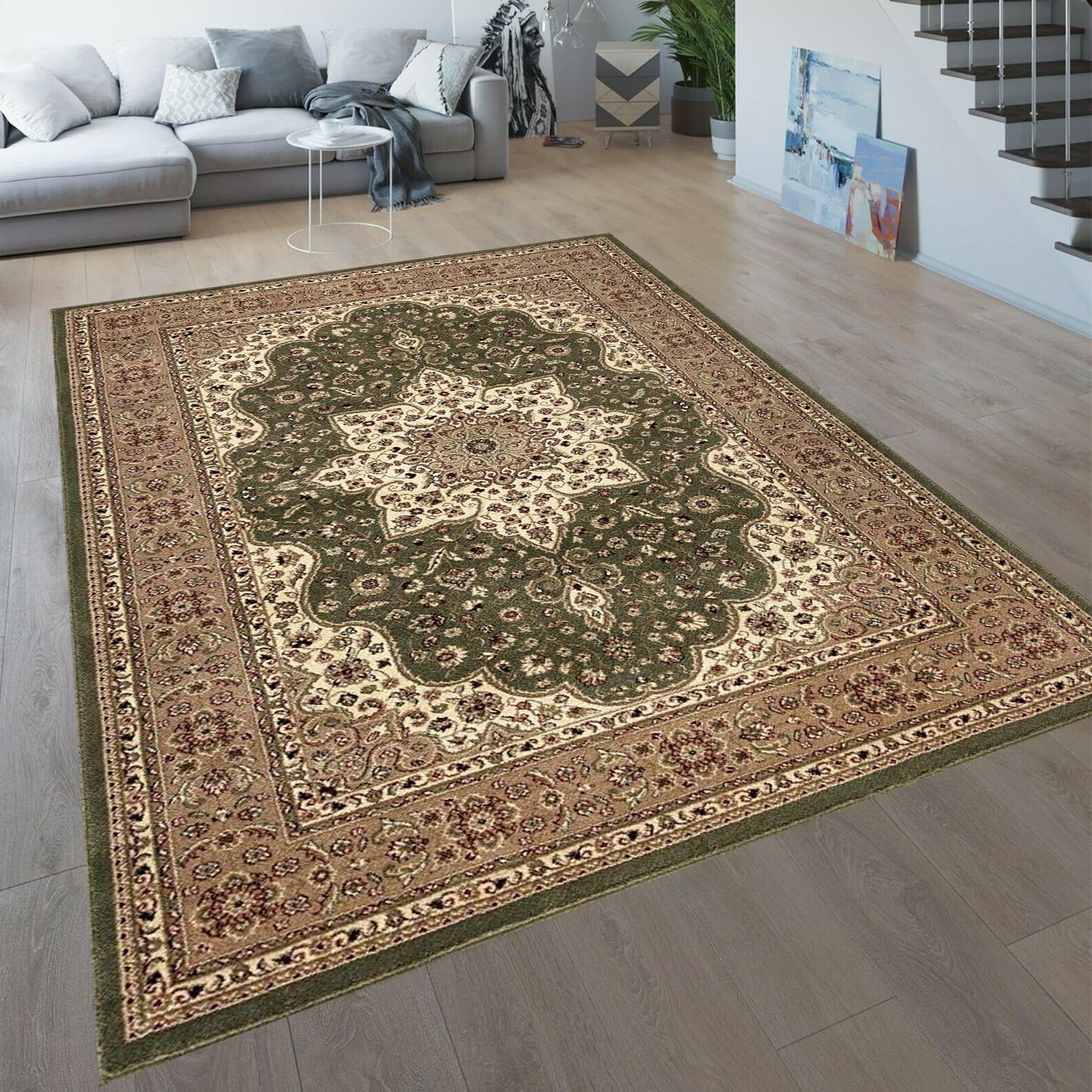 renoazul® Washable Green Bedroom Rug 160x230 cm - Jute Back Carpets For Living Room - Rome Vintage Large Living Room Rugs