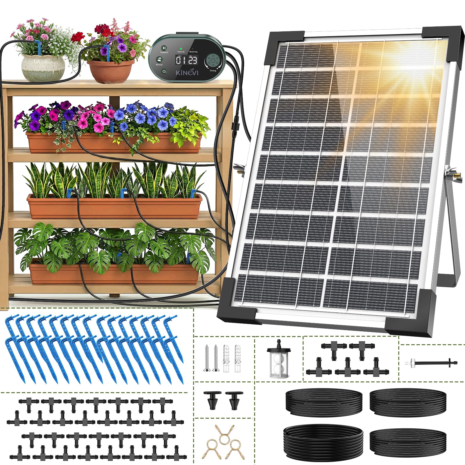 Solar Bewässerungssystem, Garten Automatisches Bewässerungs mit 22 Modi Timer, 30M Schlauch & 30 Tropfstrahler, Tropfbewässerung Set für Balkon, Hochbeet, Gewächshaus & Outdoor Topfpflanzen (8W)