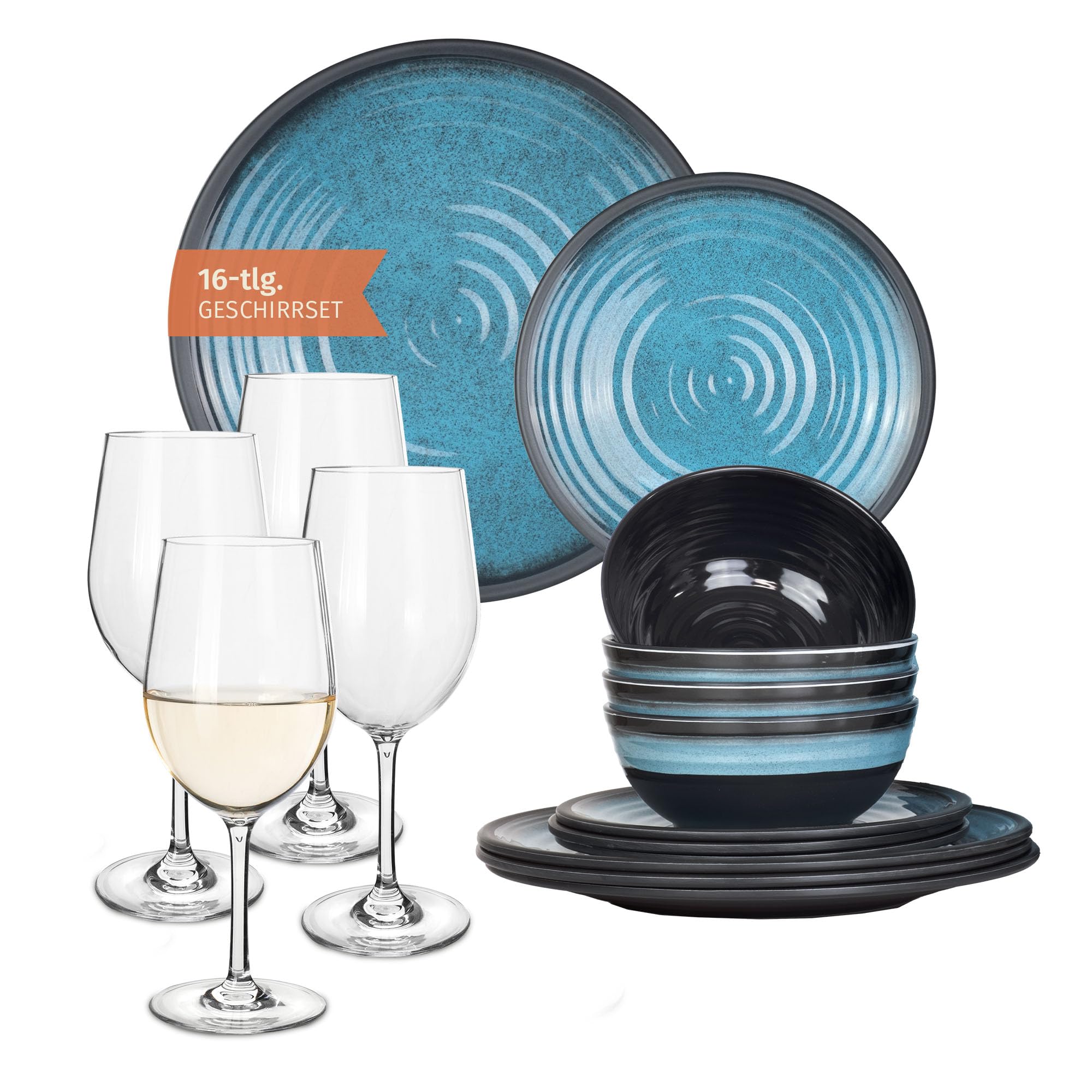 Vajilla de melamina para camping, 4 personas, color azul piedra + 4 vasos de vino blanco Tiamo vajilla de mesa de picnic barbacoa