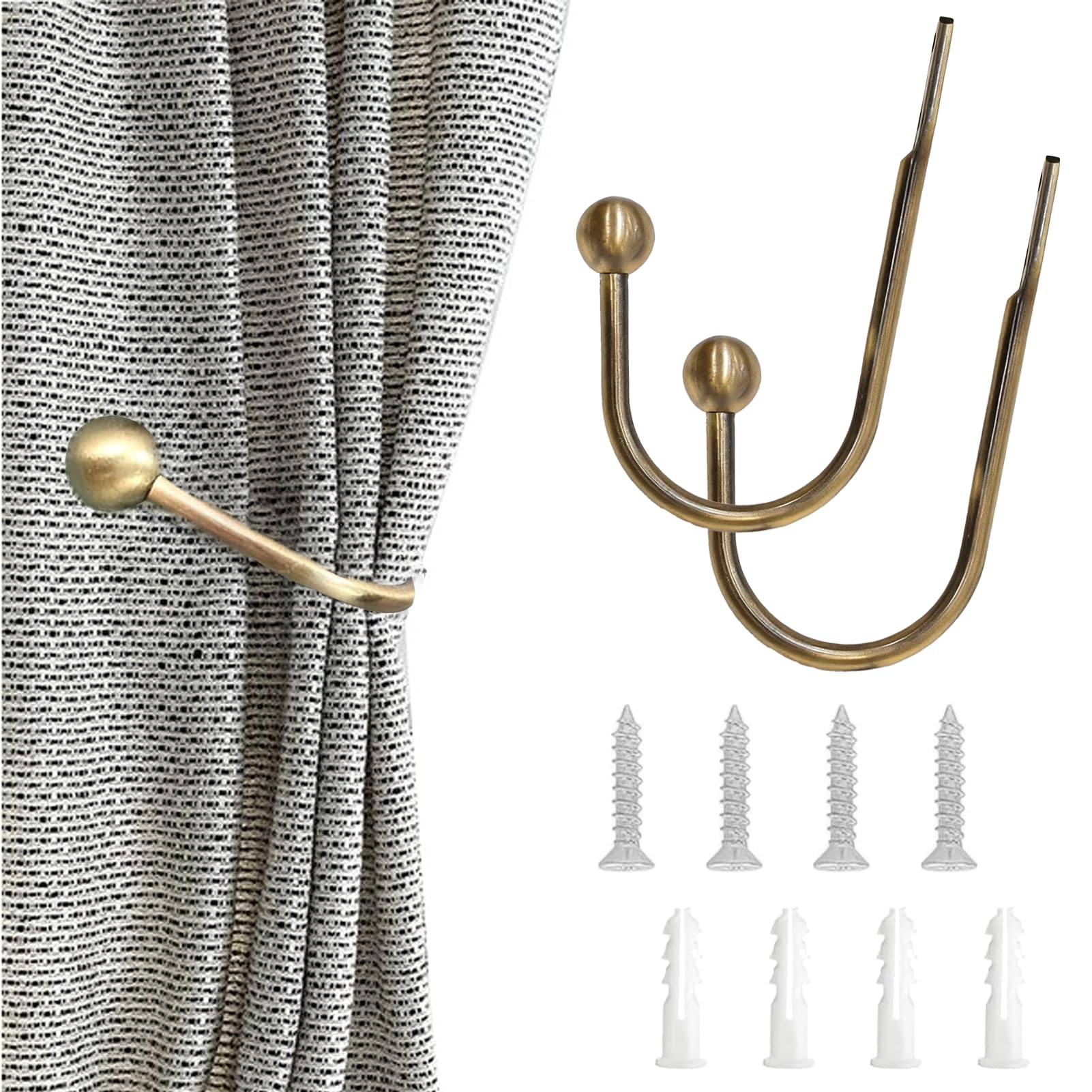 Azushwer Brass Curtain Tie Backs Hooks, 2Pcs Metal Curtain Holdbacks, Retro Curtains Hold Backs, Decorative Drapery Holder With Screws For Bedroom Fixed Curtains Or Hanging Items