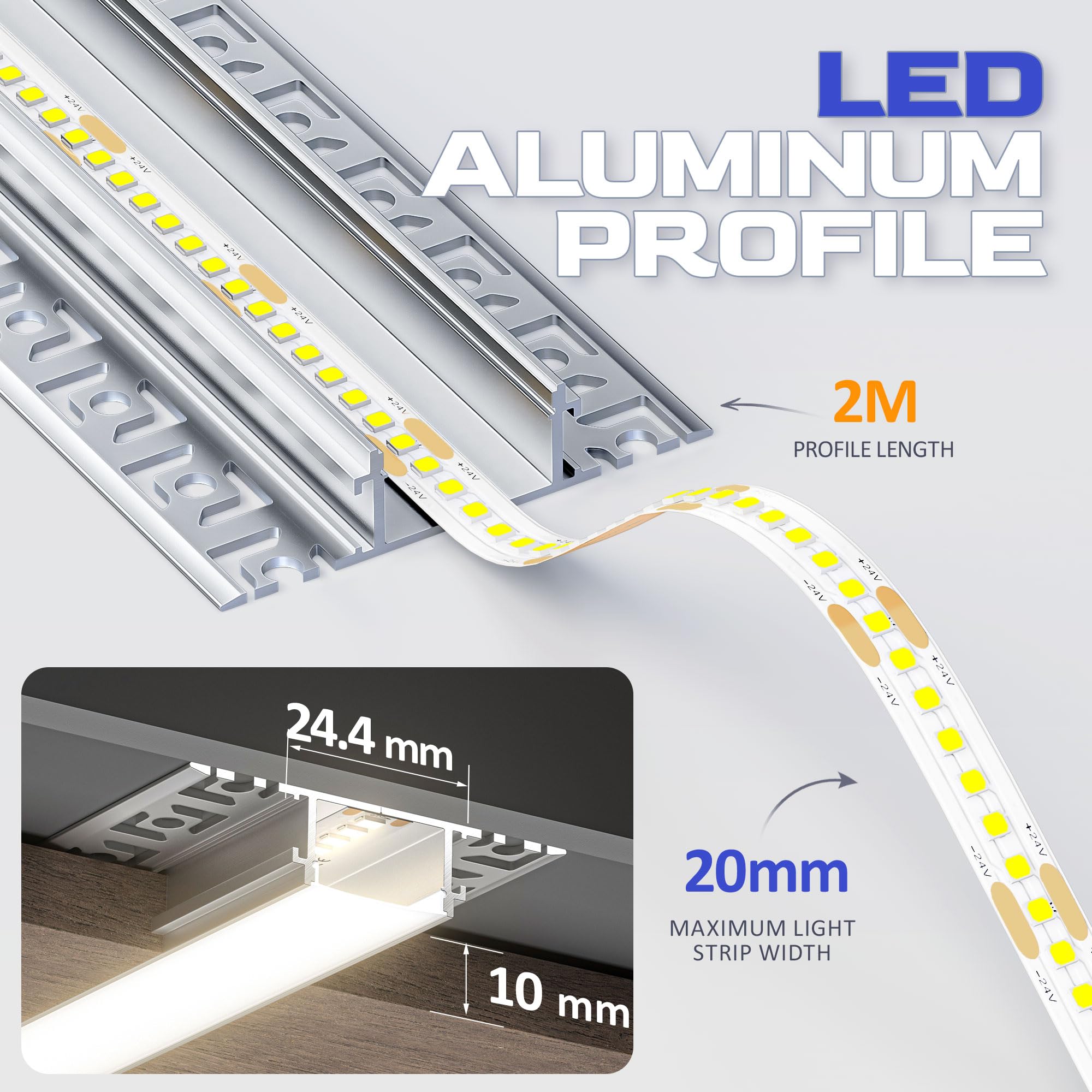 Profilé LED Encastrable 2 m x 10 Pièces (20 m) – Aluminium pour Ruban LED Jusqu’à 20 mm, Rail LED Placo/Plafond, Couvercle Mat, Ailettes 61,8 mm