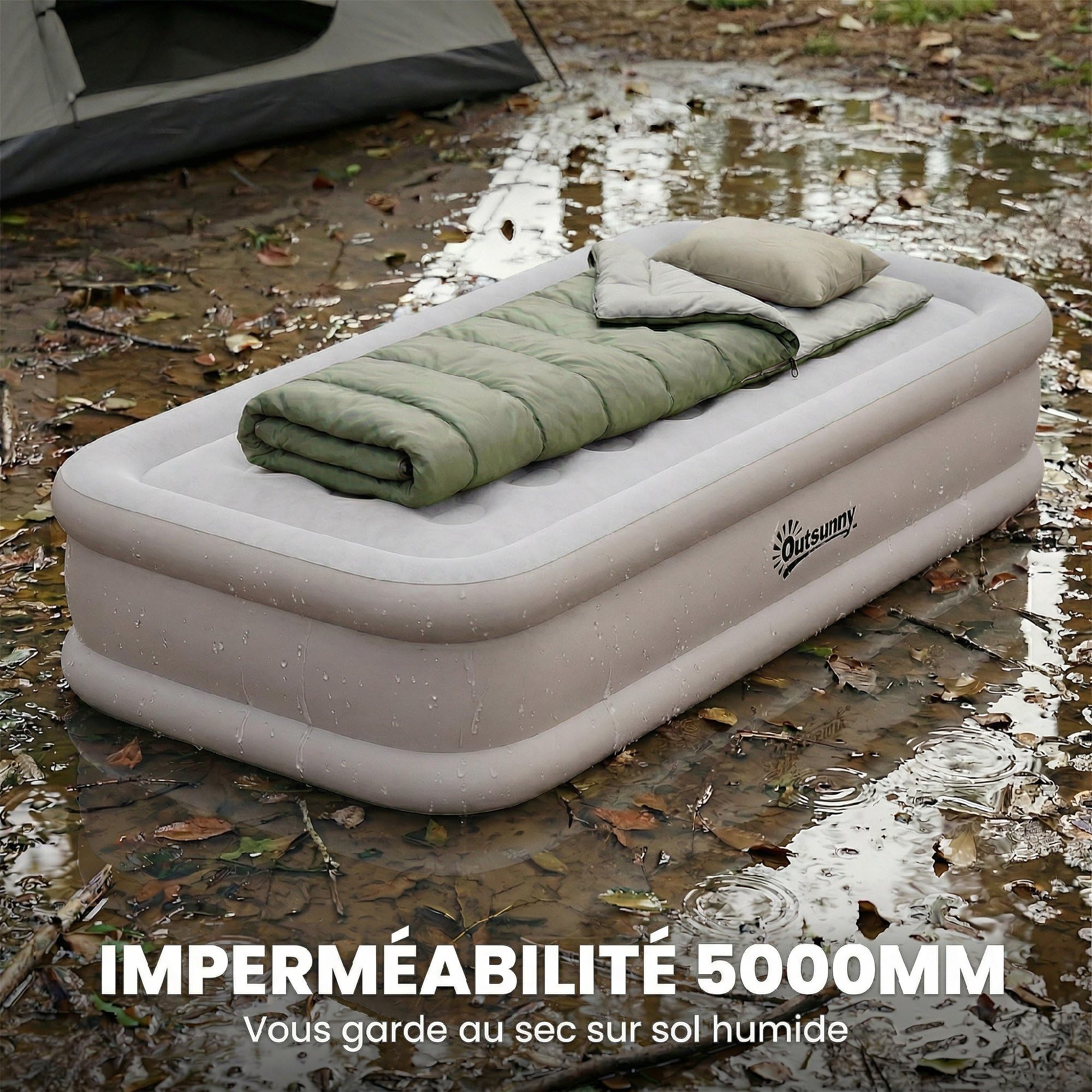 Outsunny Matelas Gonflable, Lit Simple, Pompe Électrique Intégrée, Surface Floquée, Imperméable 5000 mm, Sac Transport, Facile à Ranger, Lit Gonflable pour Camping Voyages Invités, 190x97x39cm, Kaki