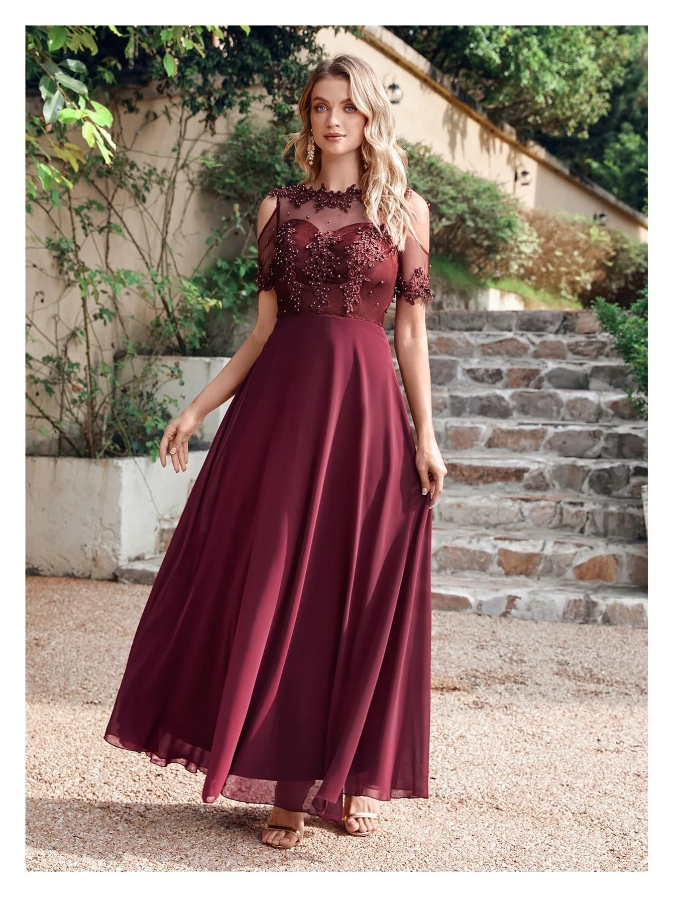 Vestido Dama de Honor Vestido de Dama Honor con Cuentas Perlas, ilusión Manga Corta, Bohemio, for Fiesta Boda, Vestidos Invitados Gasa, Corte A for Mujer para la Boda