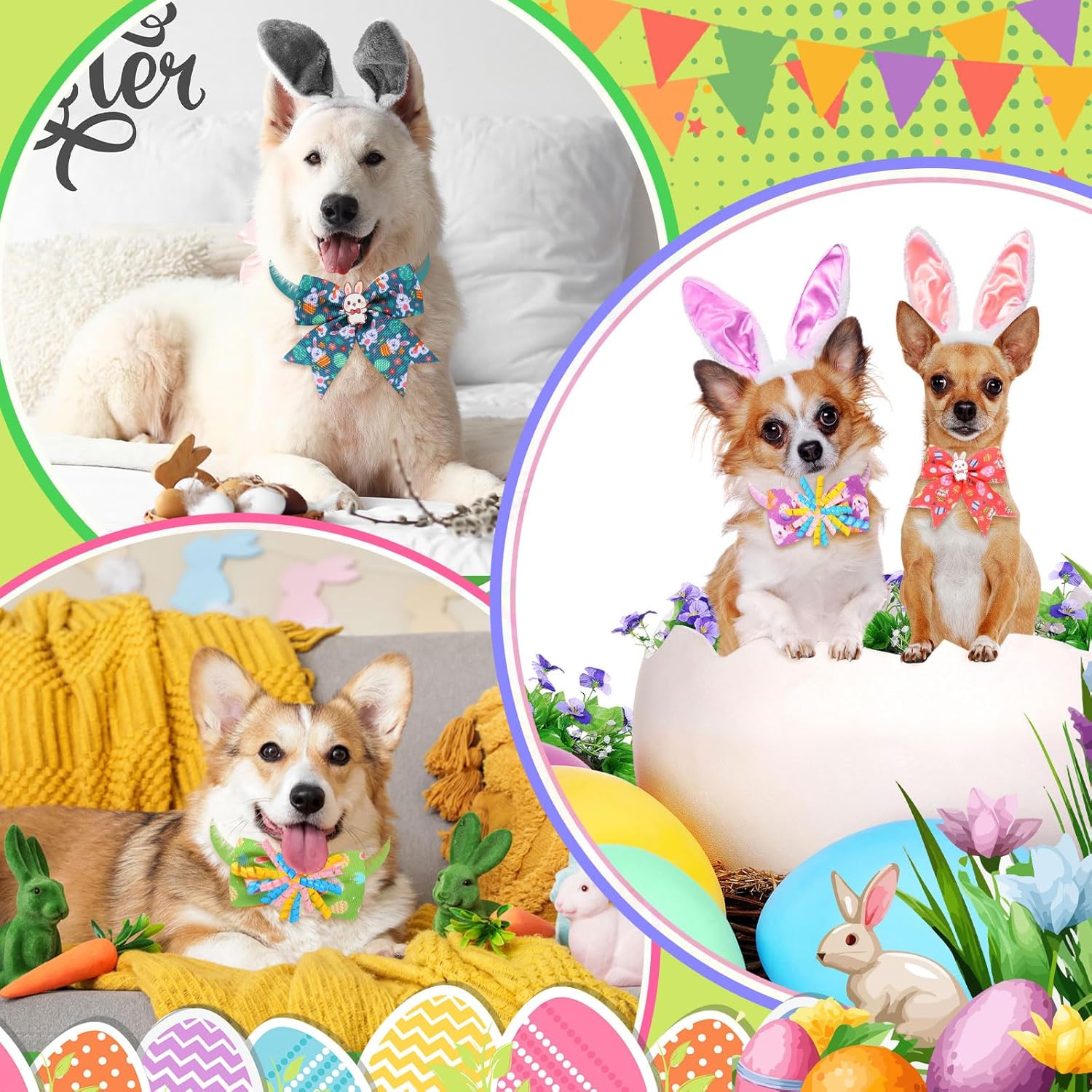 Huhumy 50 Pcs Easter Dog Bow Ties Easter Dog Collars Bulk Pet Collar Neckties for Small Medium Pet Cat Outfit Accessories Party Supplies