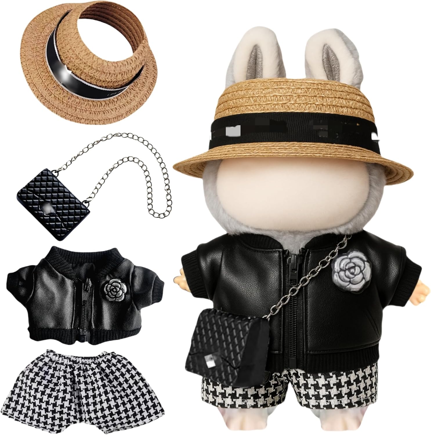 Product image of Clothes for Labubu(No Doll) – Cute 4-Piece Straw Hat,Premium Jacket with Chain Bag,Chic Fashion Accessories Set Compatible with 17cm Collectible Figures Stylish Clothes for Boys Girls Birthday