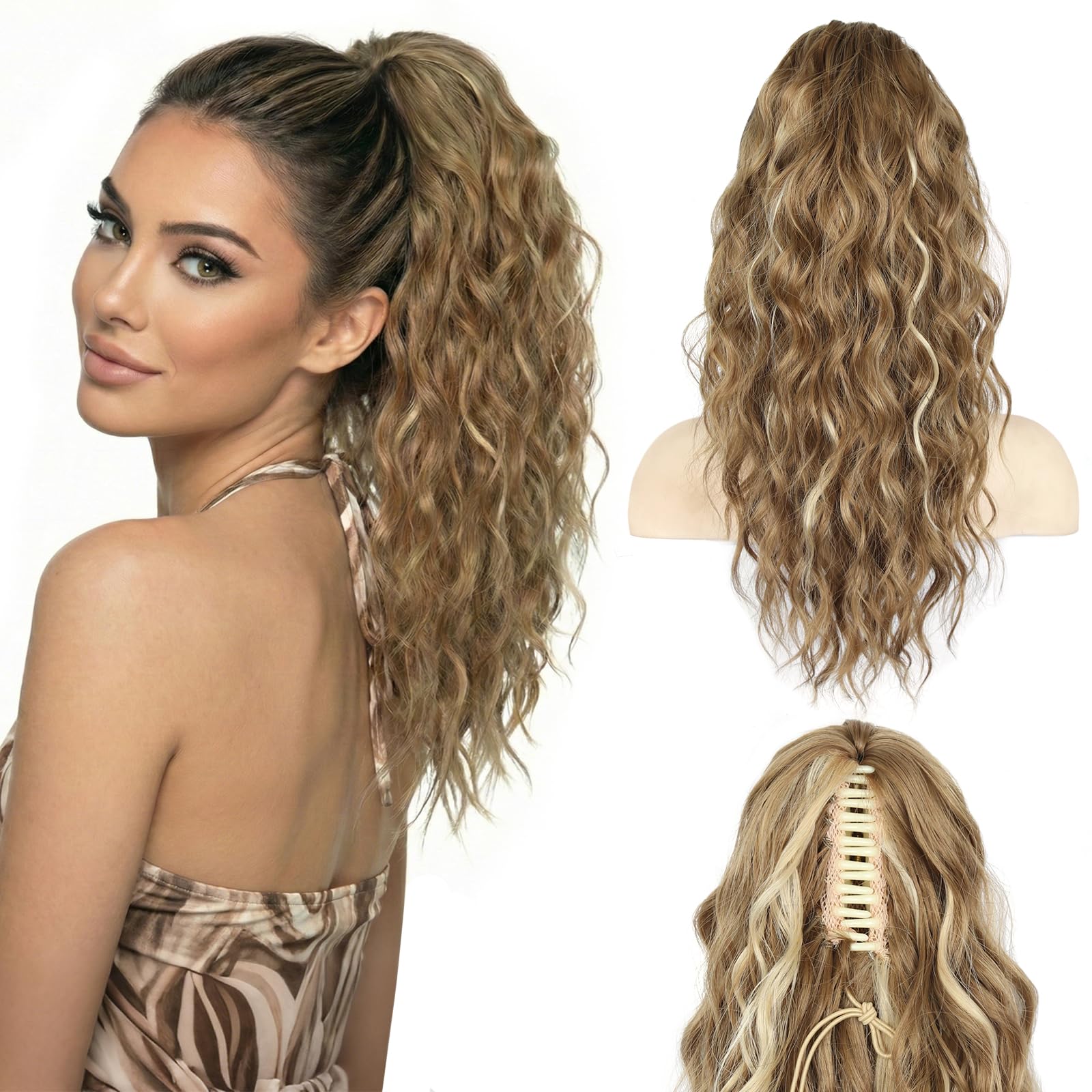 Photo 1 of 18 Inch Ponytail Extension - Clip in Ponytail Hair Extensions, Curly Wavy Pony Tails Hair Extensions, Synthetic Claw Clip Ponytail Extension for Women (Color: Dark Blonde with Beige Blonde Highlights)