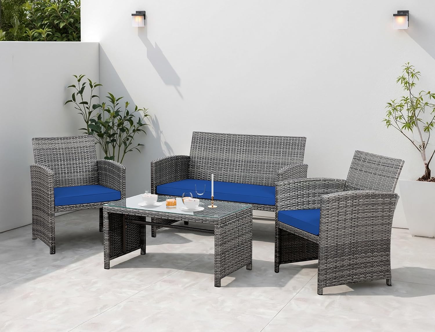 (incomplete, 1 box only ) shintenchi 4 piece patio ratten set outdoor furniture set wicker conversation set with cushions and tempered glass tabletop,deep blue