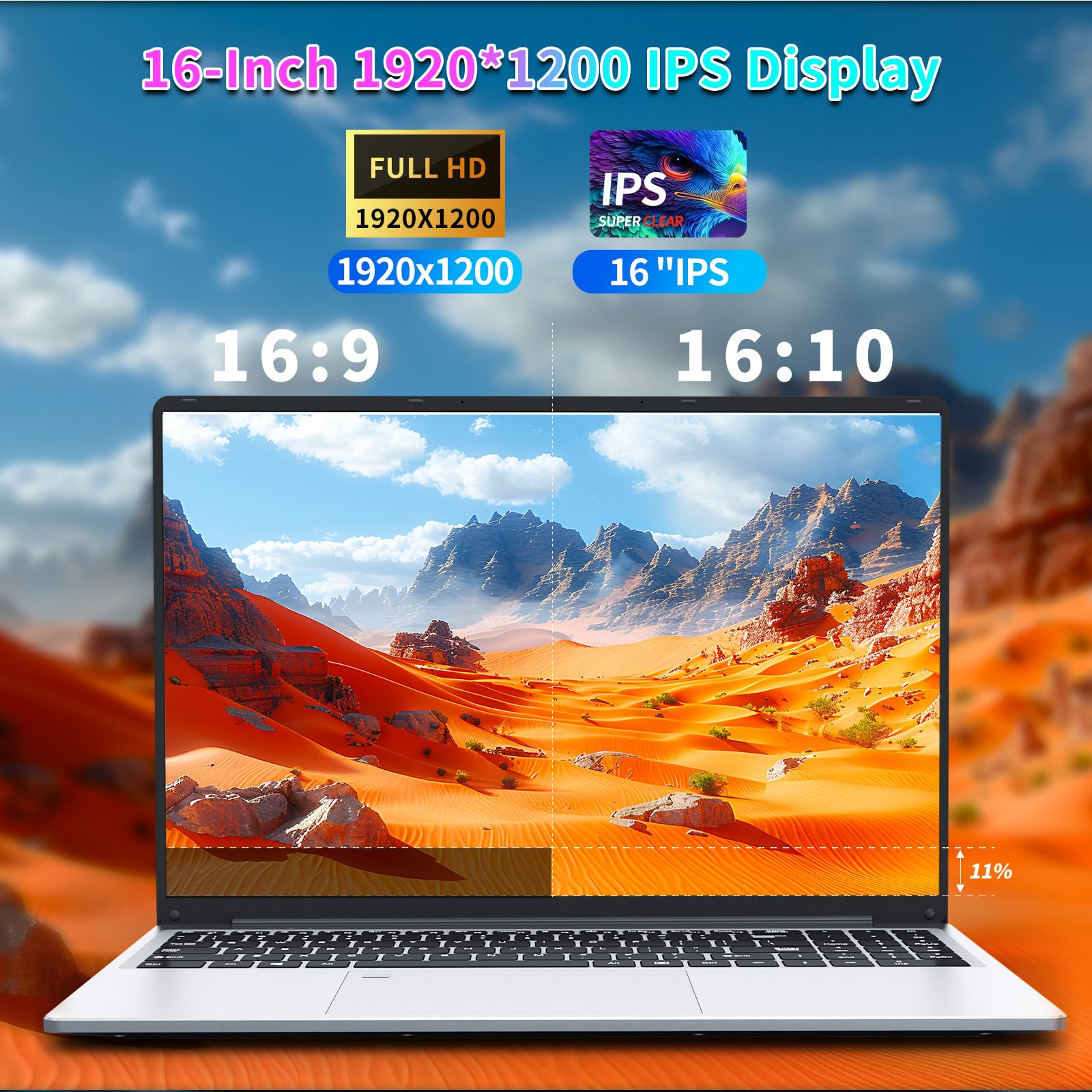 PC Portatile 16 Pollici, Notebook Celeron N100 CPU, Notebook 16GB RAM 512GB SSD, Laptop Sblocco 1920 * 1080 IPS Full HD Schermo, Tastiera Retroilluminata, 6000mAh Battery, BT5.0+Mini HDMI