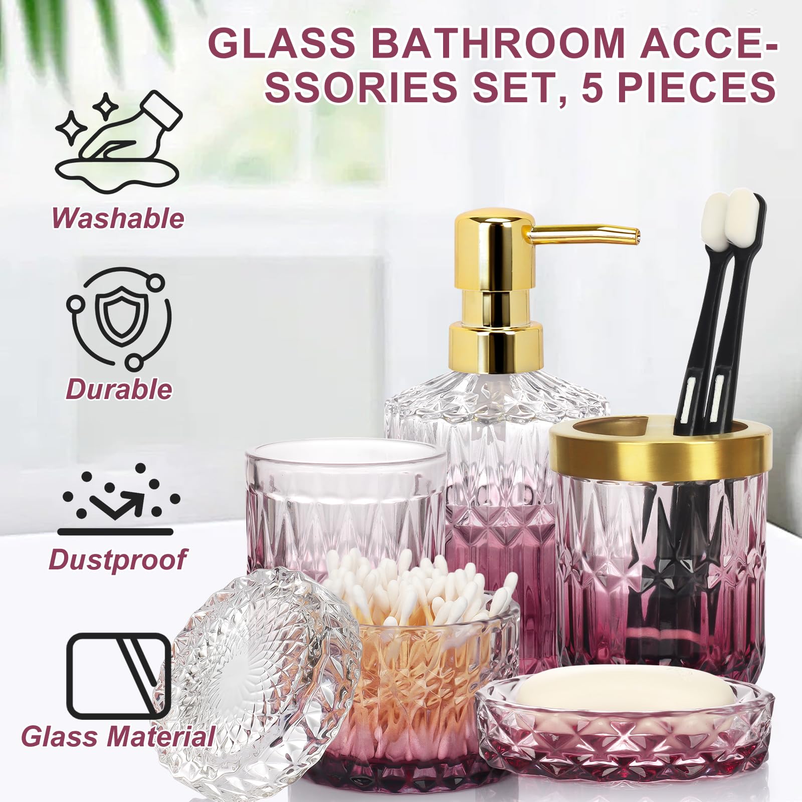 Juego de accesorios de baño de cristal de lujo de 5 piezas