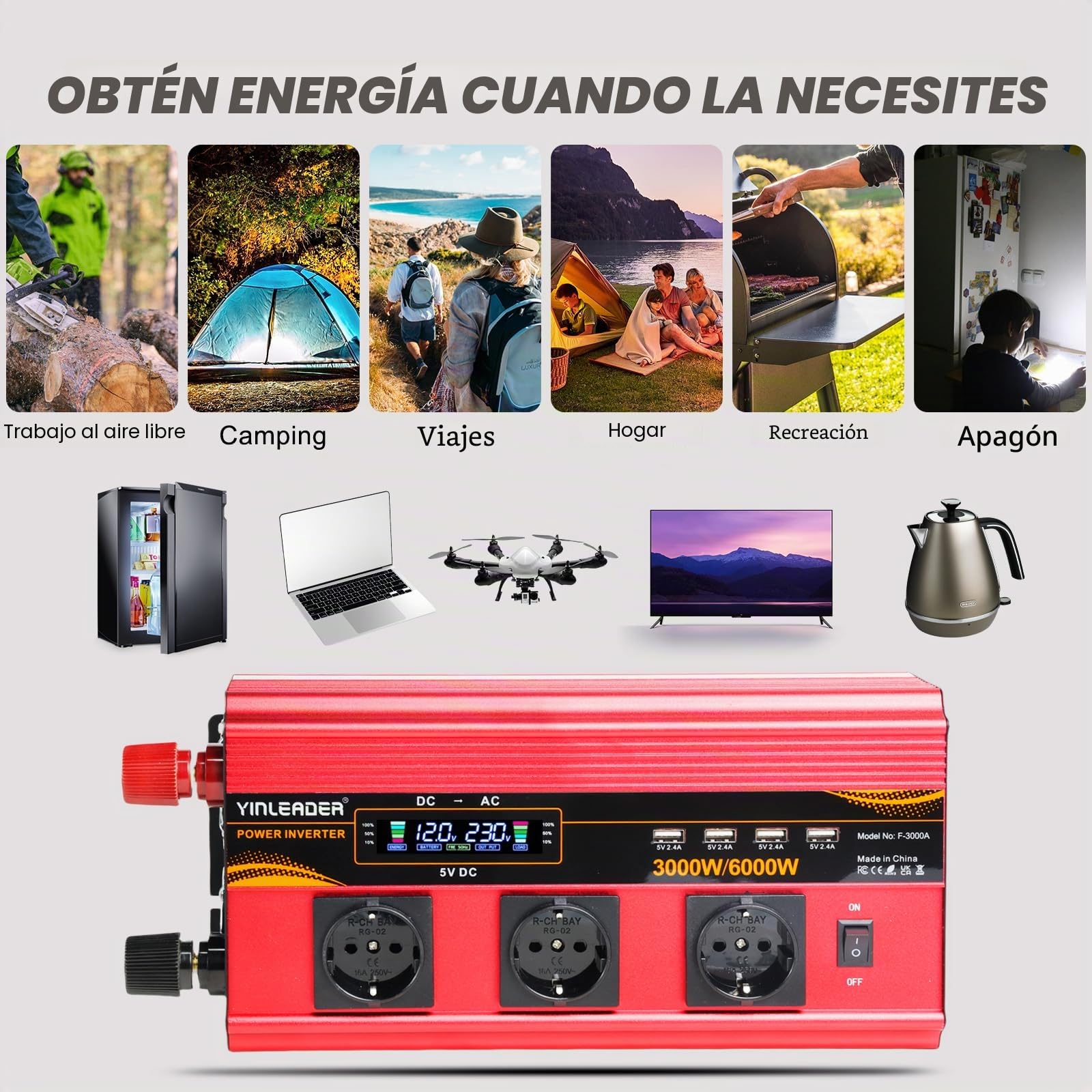Yinleader 3000W 12V 230V Inversor de Corriente,con Mando a Distancia Inalámbrico, 4 Puertos USB + 3 Tomas AC, Pantalla LCD, para Coche/Camping/Sistema Solar