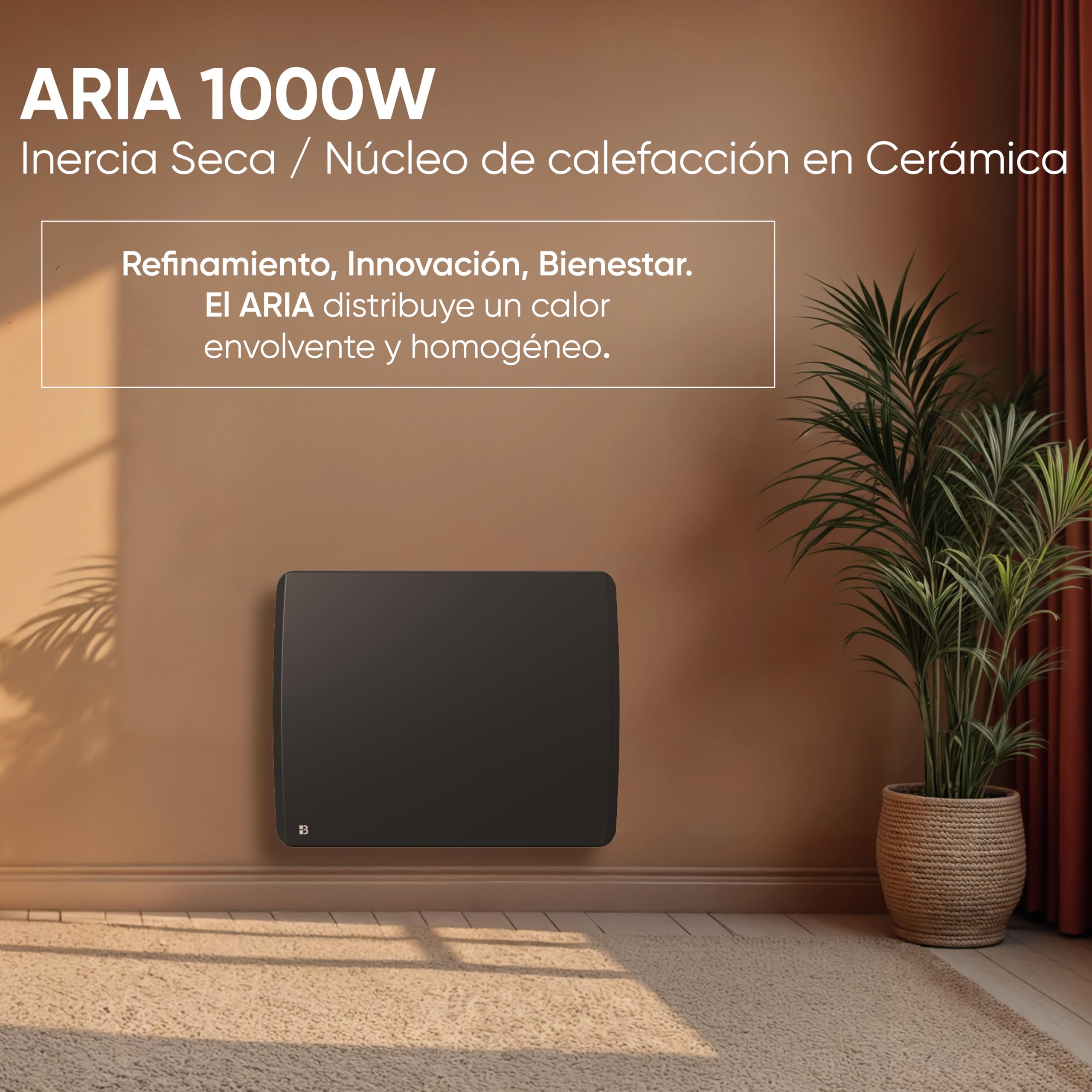 BESTHERM - Radiador eléctrico fijo de inercia seco cerámico 1000 W Bestherm ARIA horizontal negro
