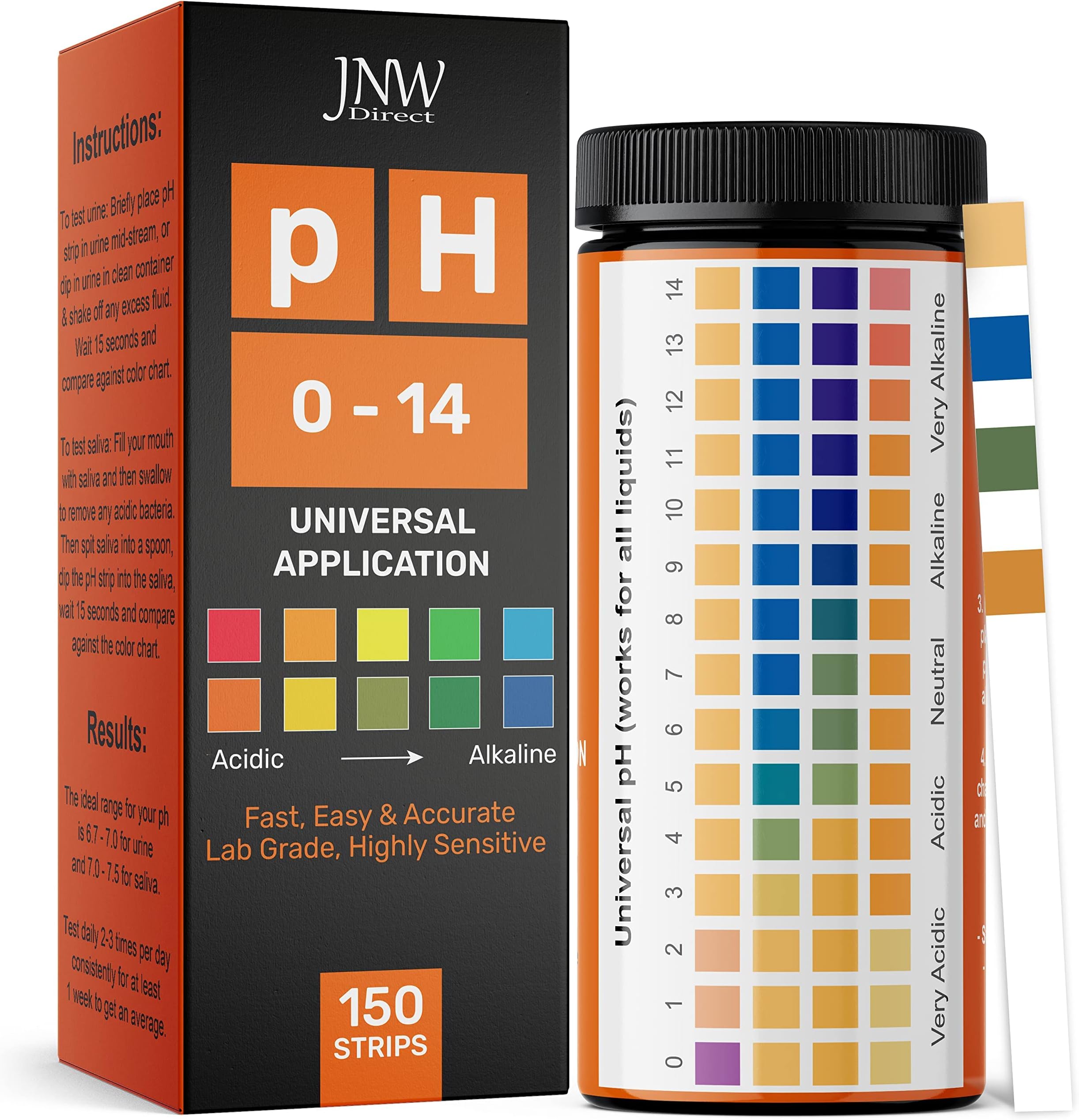 Universal pH Test Strips (0 14) pH Tester Strips Kit with e Book 150 Quick and Easy pH Testing Strips Ultimate pH Balance Test Strips Kit 150 Strips by JNW Direct