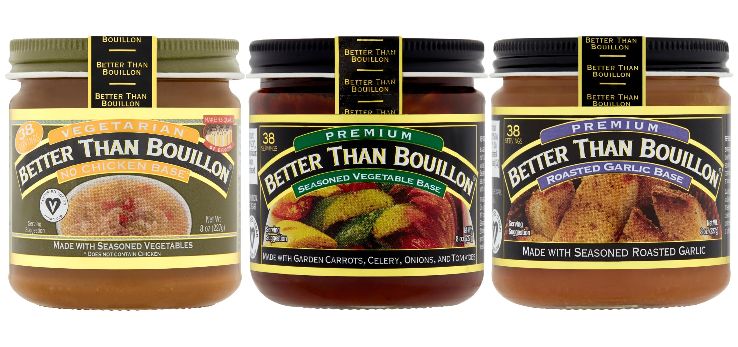 Brand Vegeterian Varirty Pack with 1 No Chicken Base, 1 Roasted Vegetable Base and 1 Garlic Base, 8 Ounce Jars (Pack of 3)