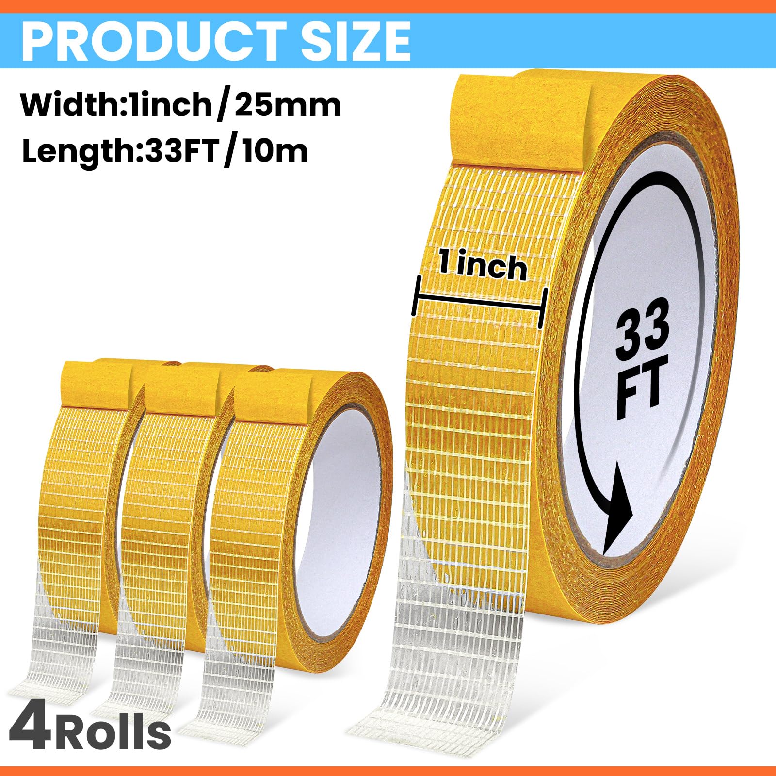 YINTTIAN Double Sided Fabric Tape Heavy Duty for Hem, Fashion Dress, Curtains, Carpet, High Adhesive Sticky but Removable, No Sewing or Ironing Need, 1in x 33FT/10m x 4Rolls